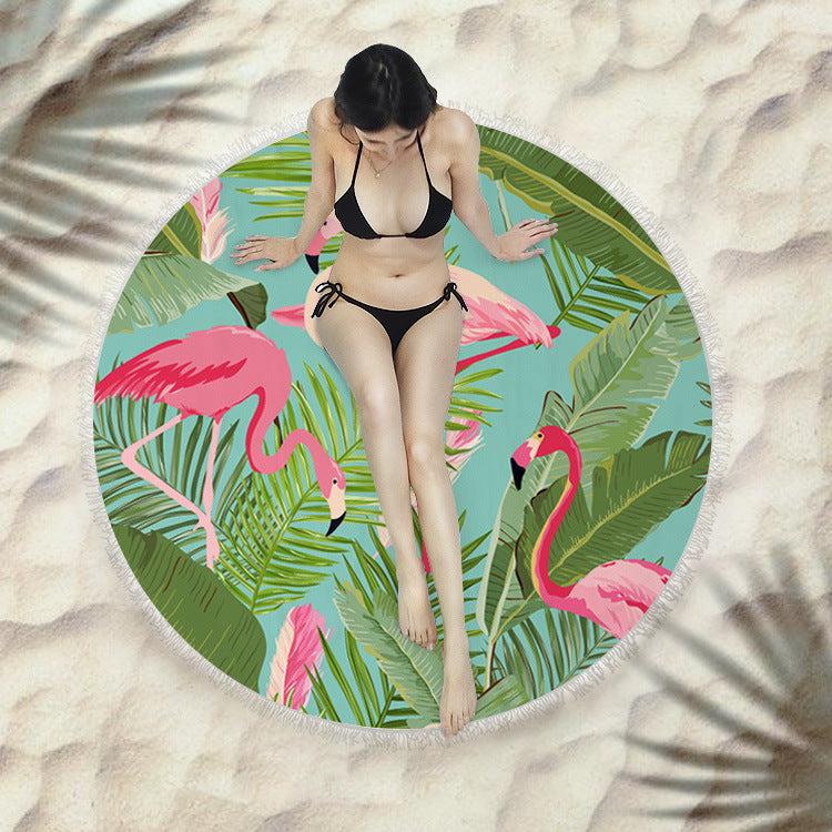 Fringed Round Beach Towel – Microfiber Polyester, 150cm Diameter, Floral Pattern