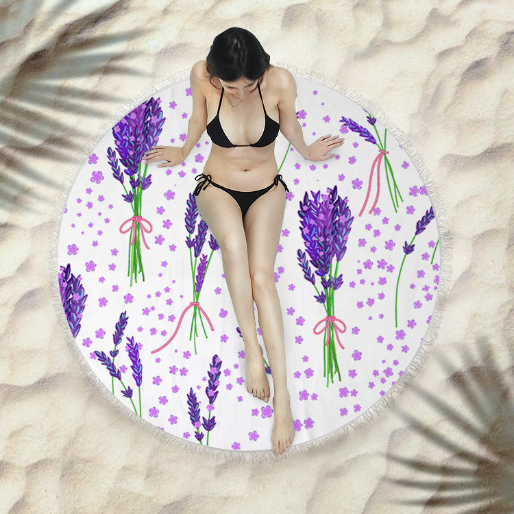 Fringed Round Beach Towel – Microfiber Polyester, 150cm Diameter, Floral Pattern