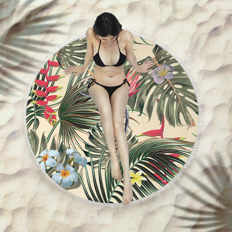 Fringed Round Beach Towel – Microfiber Polyester, 150cm Diameter, Floral Pattern