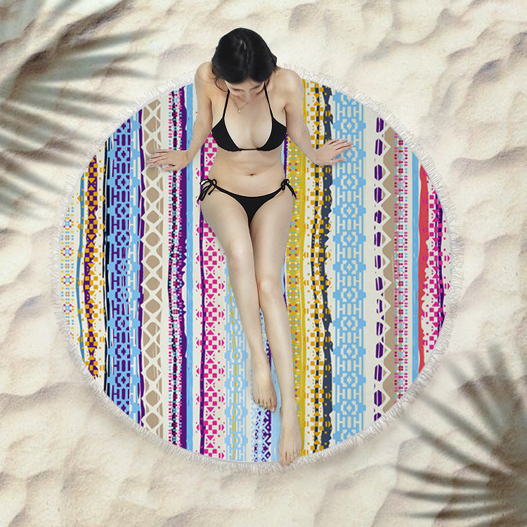 Fringed Round Beach Towel – Microfiber Polyester, 150cm Diameter, Floral Pattern