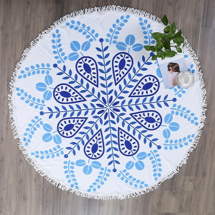 Fringed Round Beach Towel – Microfiber Polyester, 150cm Diameter, Floral Pattern