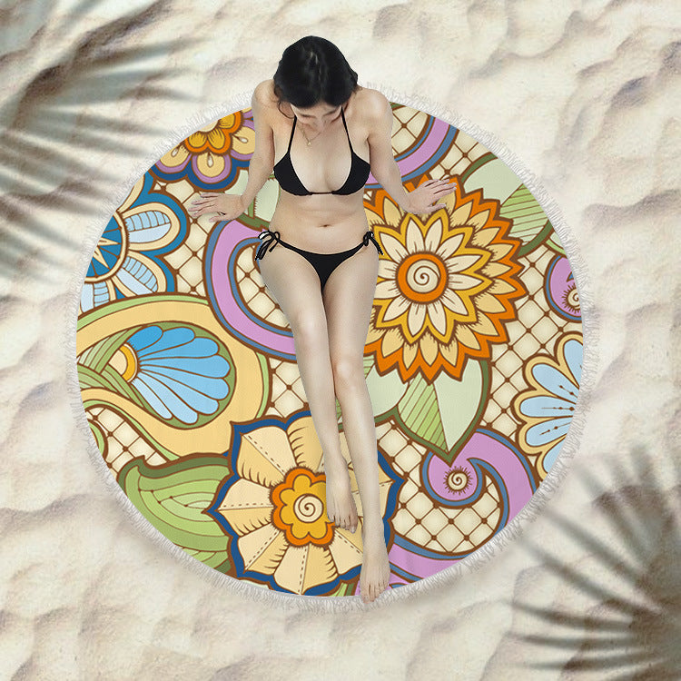 Fringed Round Beach Towel – Microfiber Polyester, 150cm Diameter, Floral Pattern