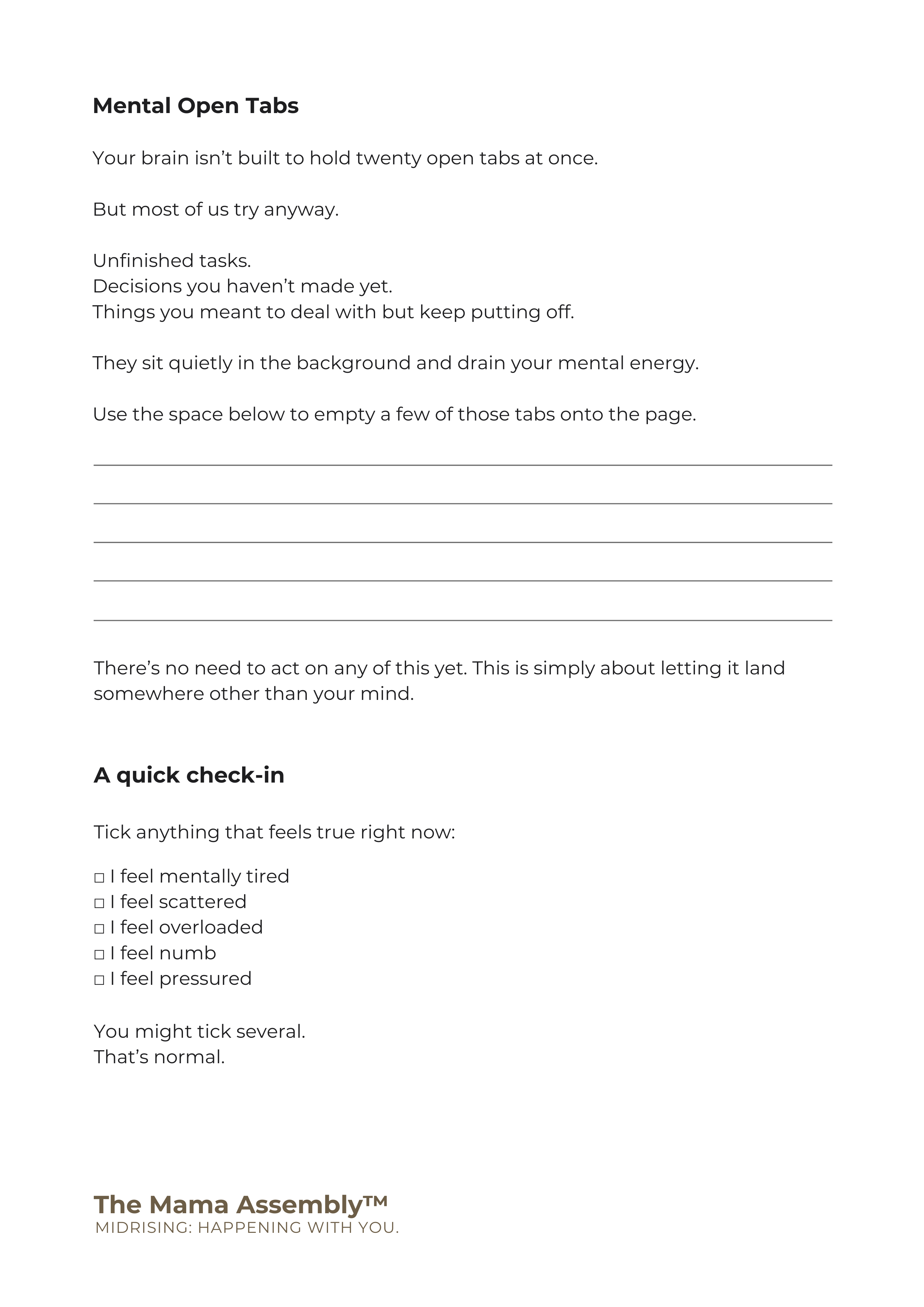 Sheet with text on mental open tabs and a quick check-in section, featuring the Mama Assembly logo.