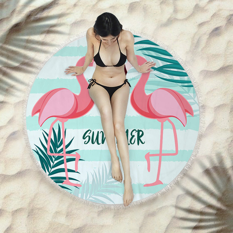 Fringed Round Beach Towel – Microfiber Polyester, 150cm Diameter, Floral Pattern