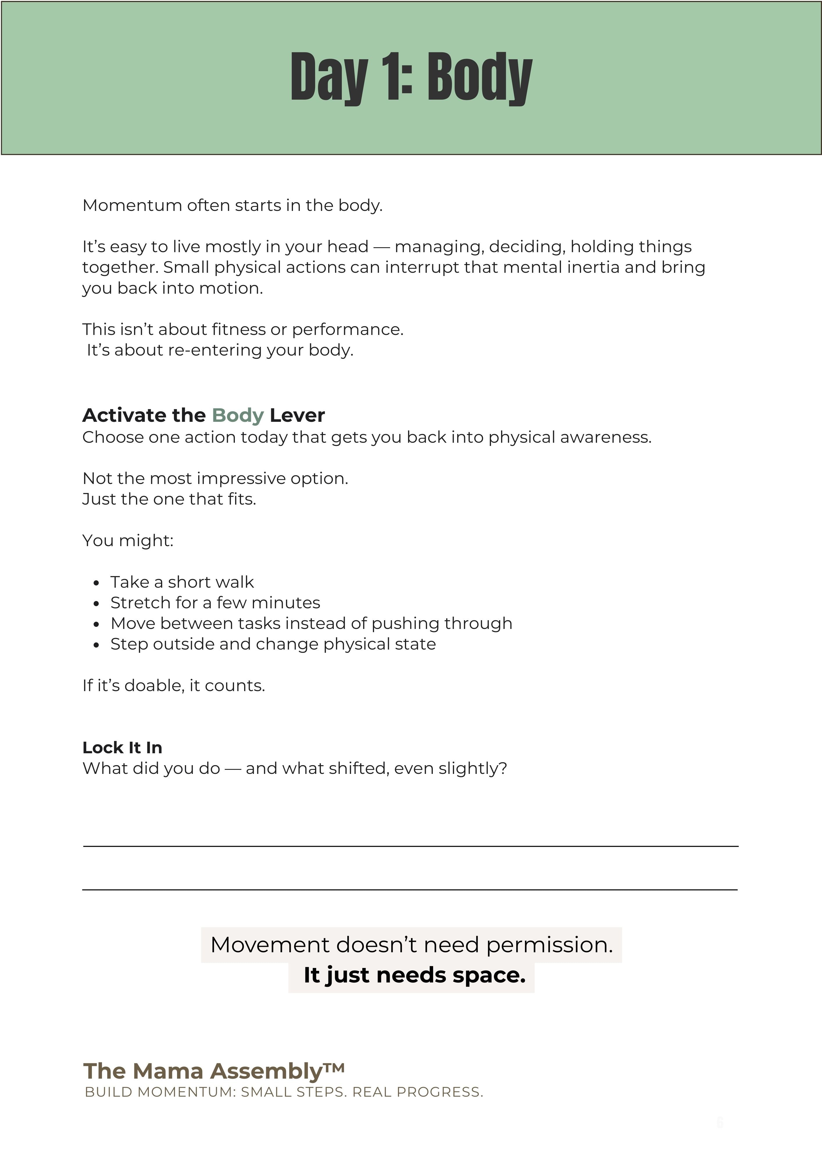 Sample page from The 7 Momentum Levers guide showing Day 1 Body with a simple prompt focused on movement and physical awareness.