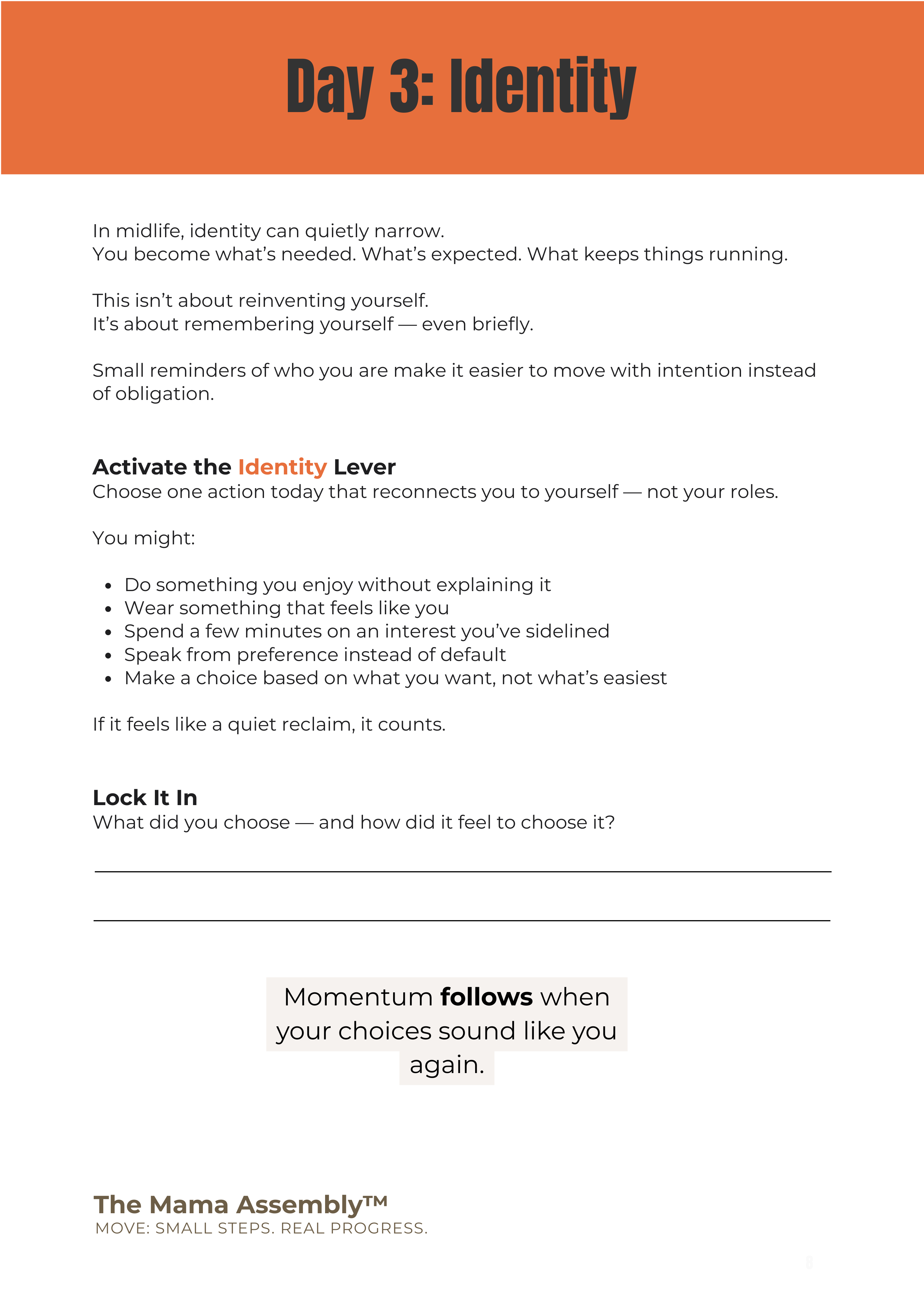 Sheet from 'The Mama Assembly' with text on identity and self-expression, featuring an orange header and white background.