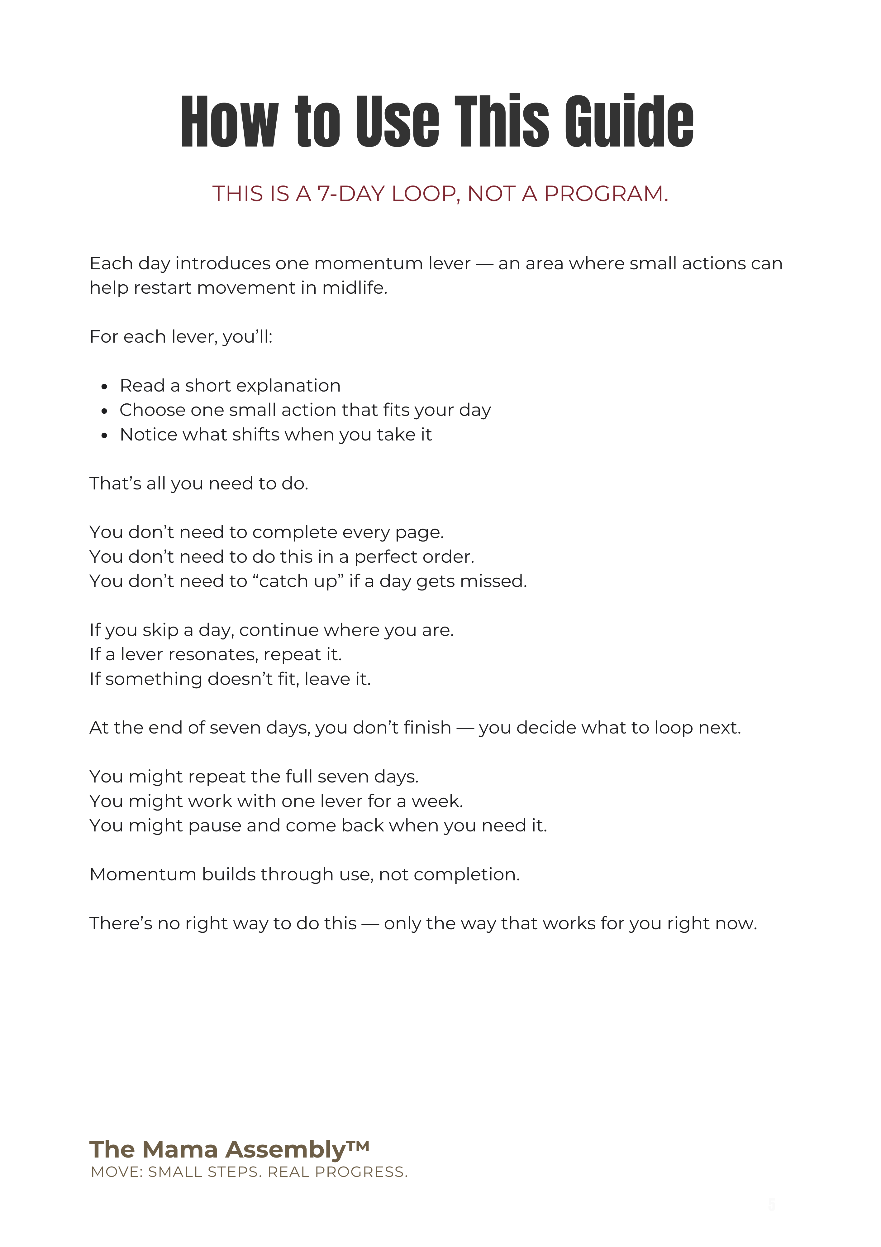 Instructions on how to use a 7-day guide for momentum building, with text on a white background.