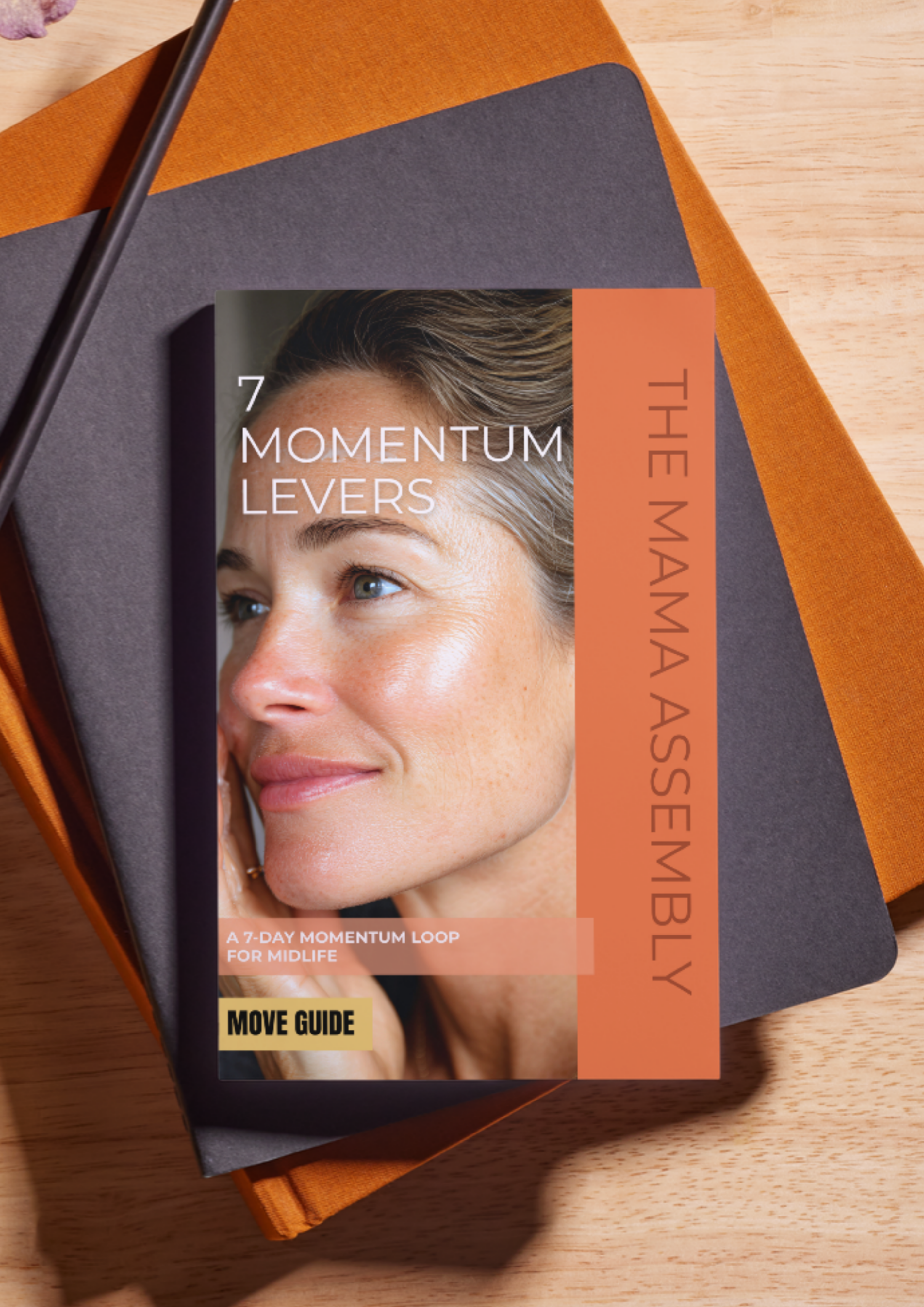Book titled '7 Momentum Levers' by The Mama Assembly on a wooden surface