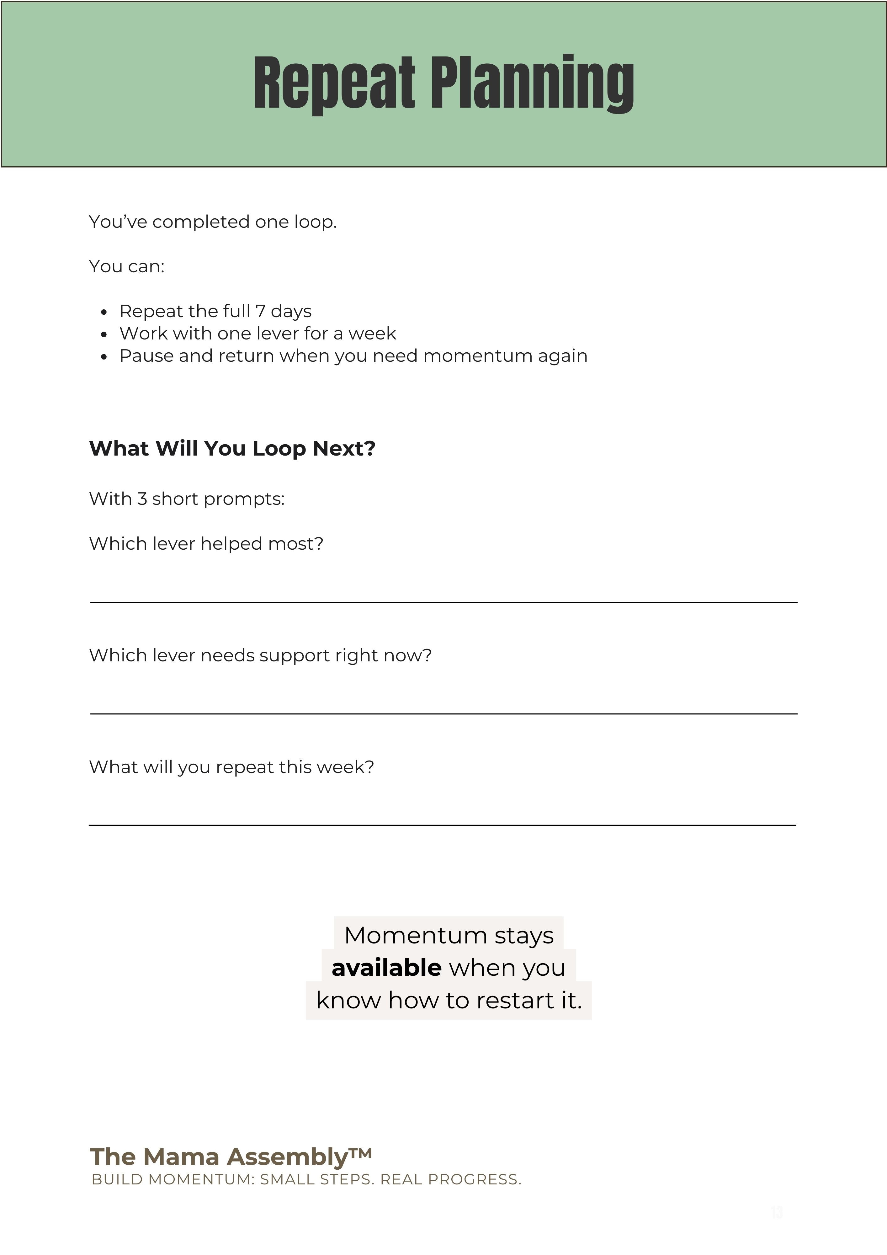 Repeat planning page from The 7 Momentum Levers guide helping users decide which momentum levers to repeat or focus on next.