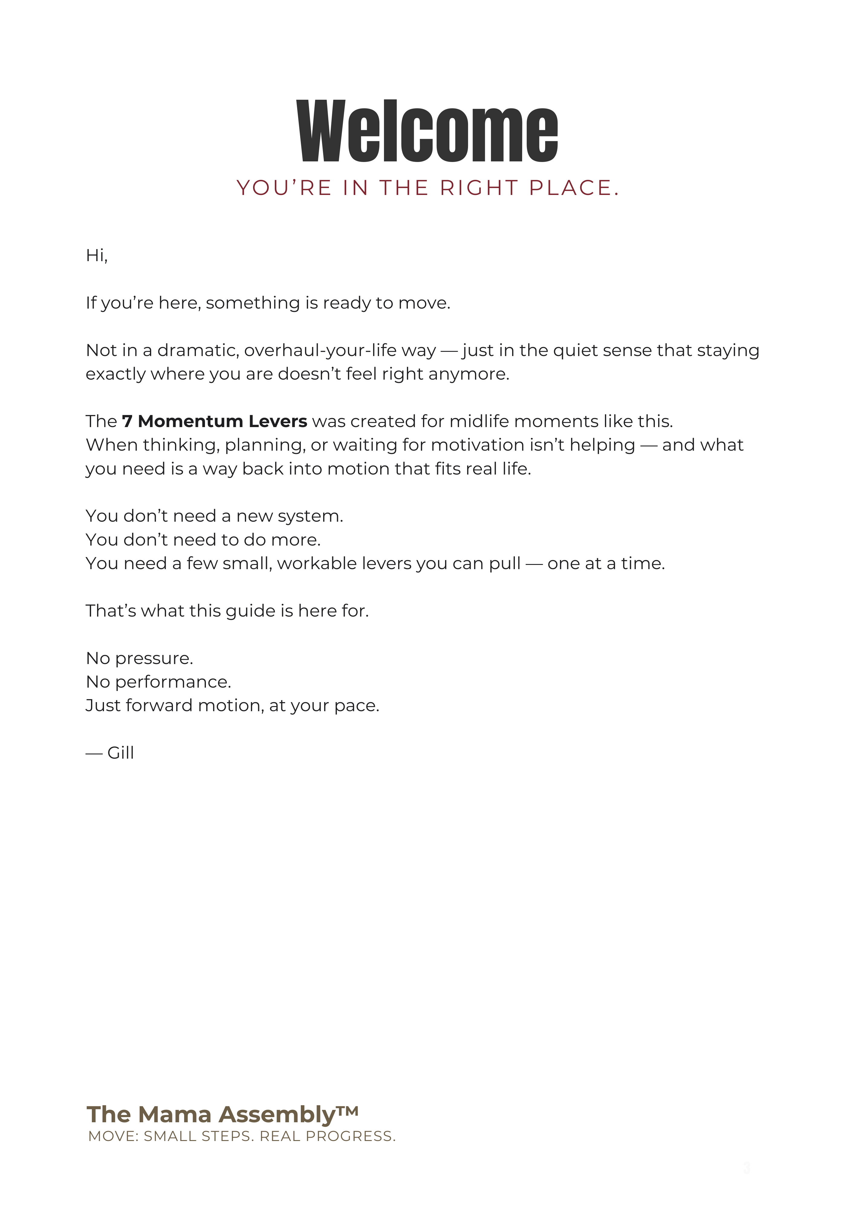 Welcome message from The Mama Assembly on a white background