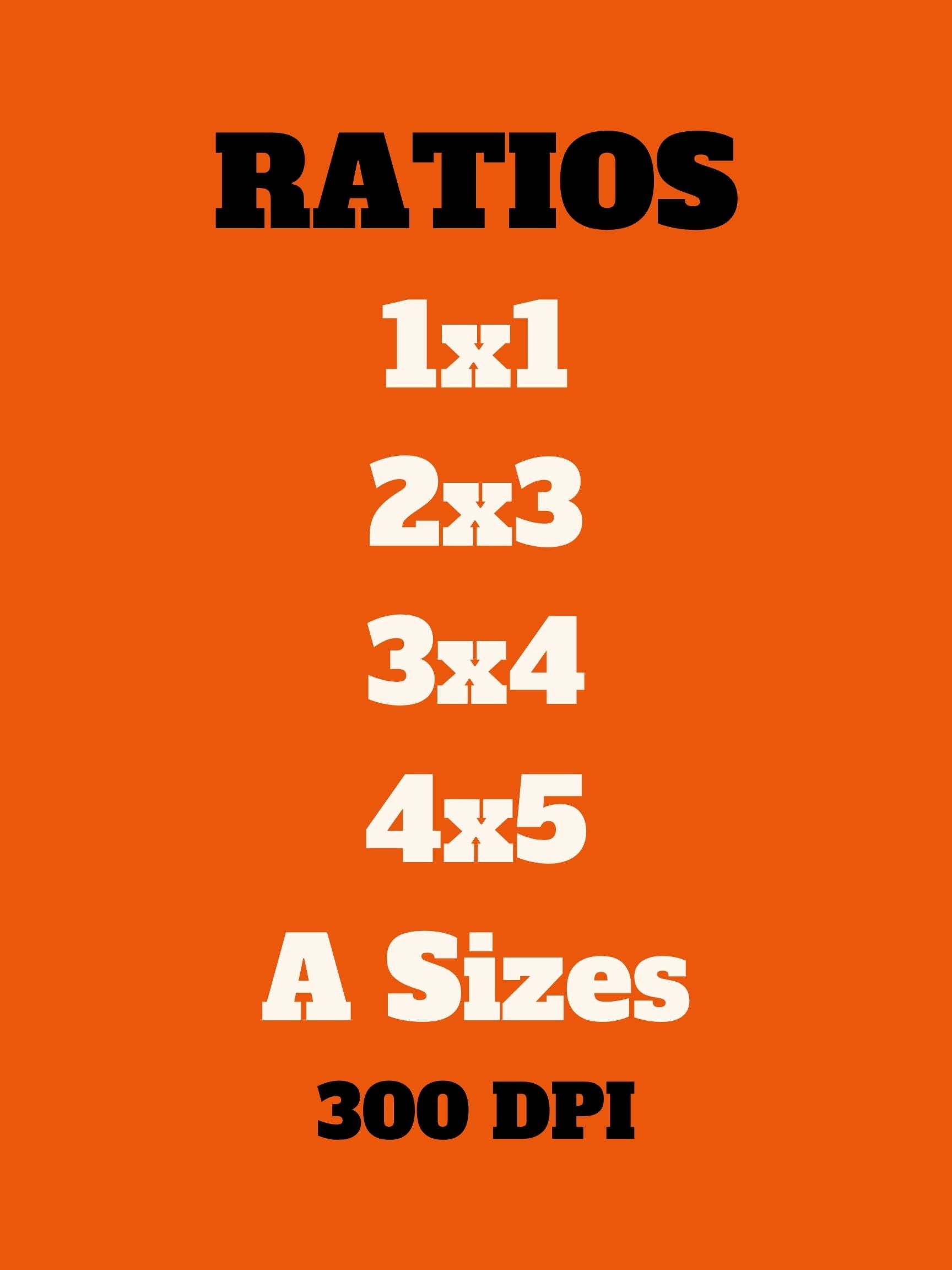 Orange background with text listing ratios and dimensions on an orange background