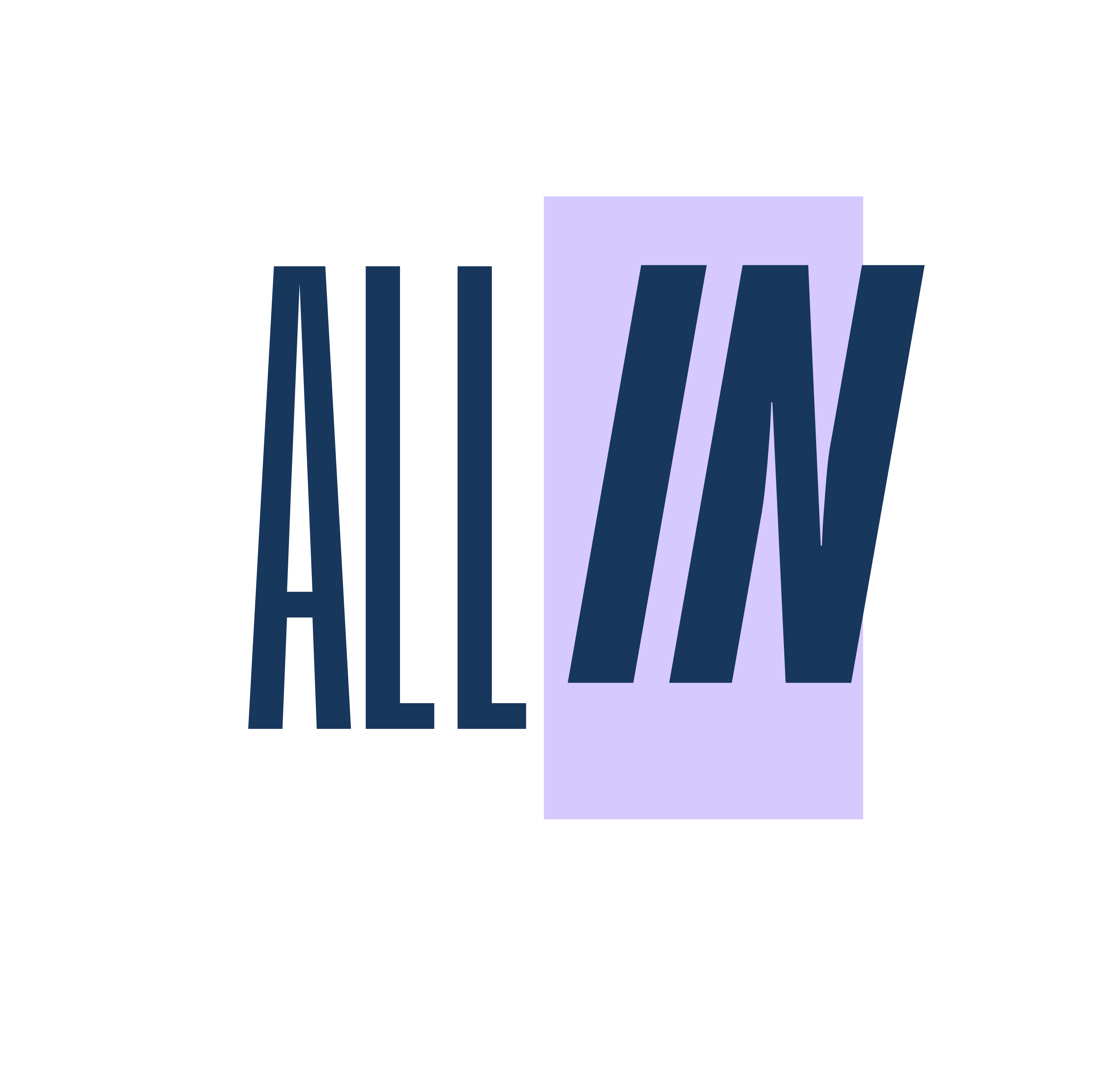 Text 'ALL IN' with a purple rectangular overlay on a white background