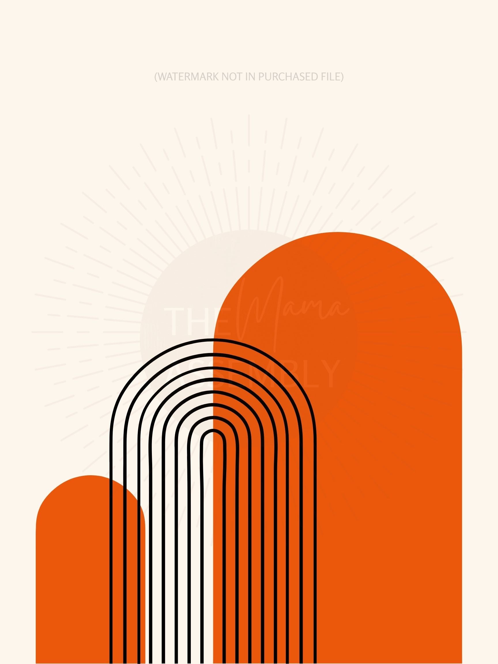 Abstract design with orange arches and black curved lines on a beige background