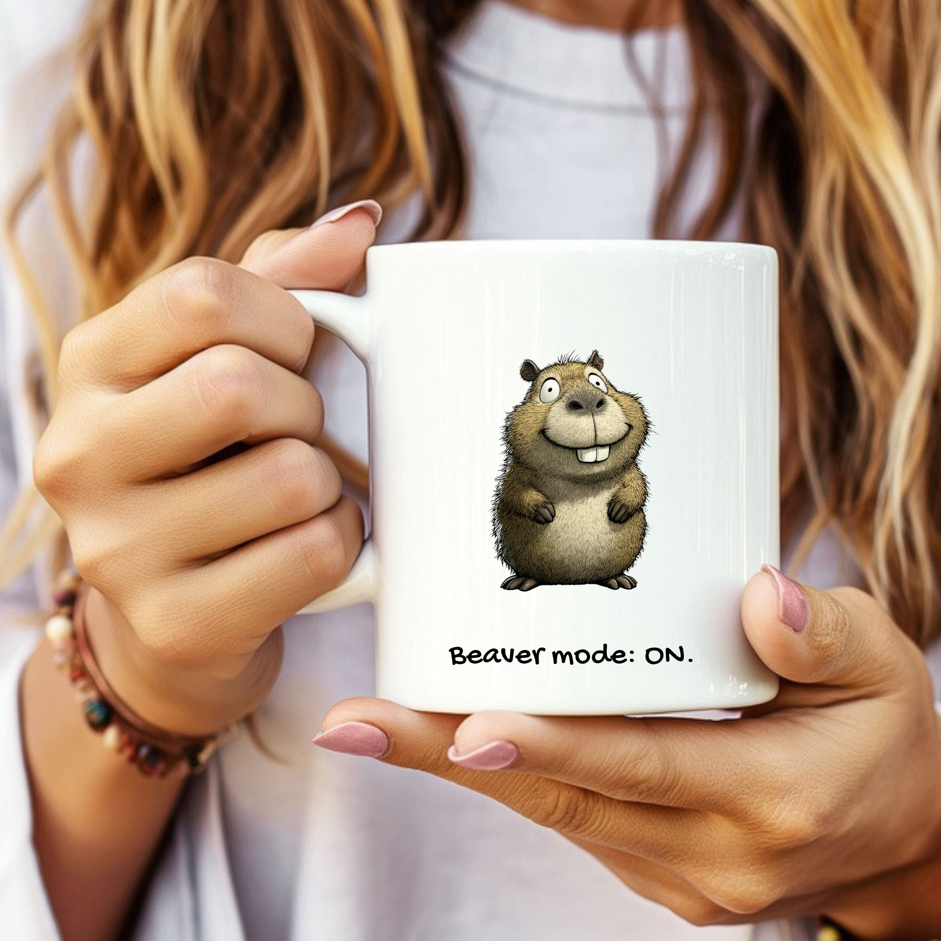 Funny beaver mug reading ‘Beaver Mode: ON’ from The Mama Assembly Quirky Animal Mugs collection.