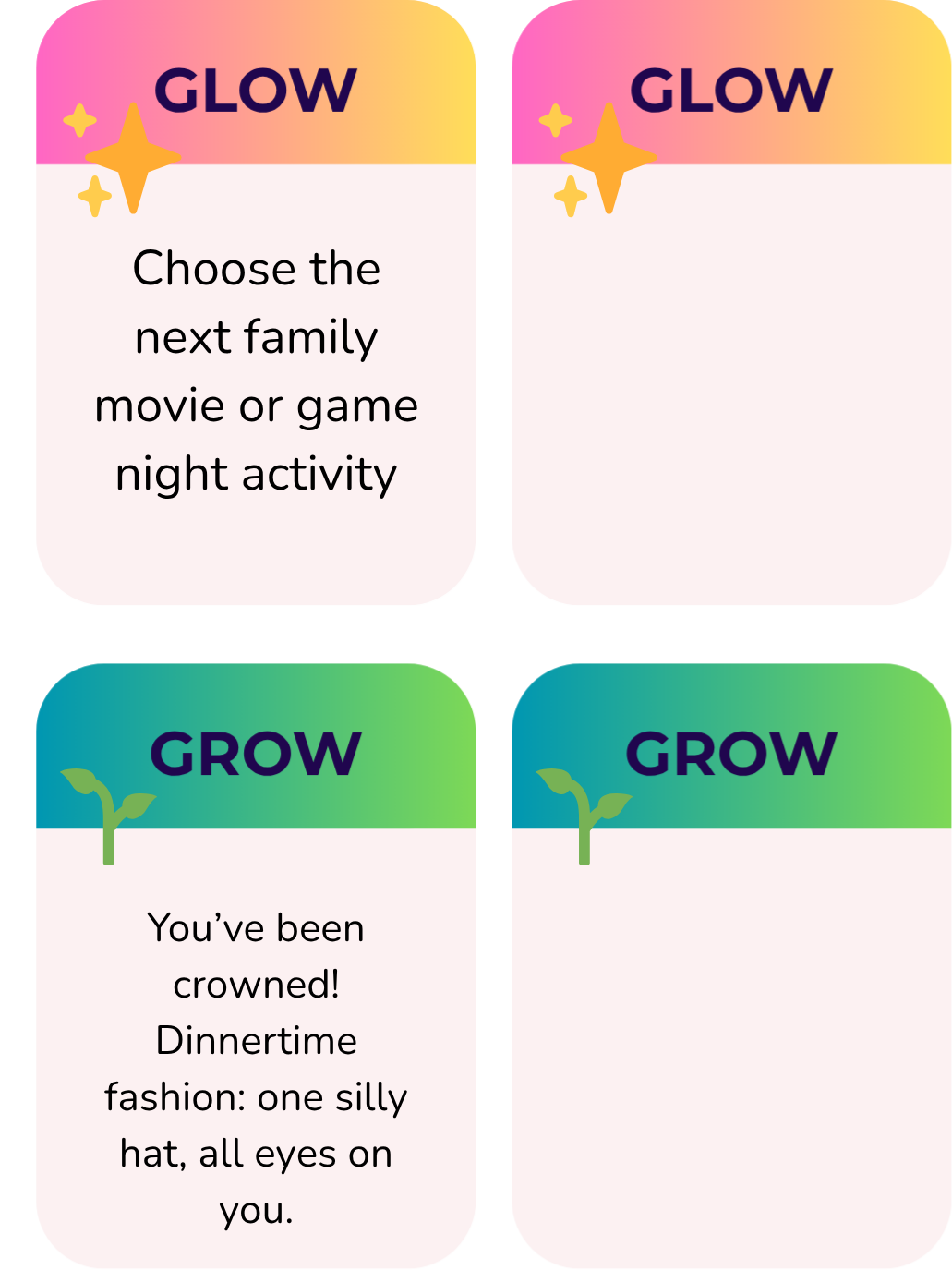 Family Swear Jar Game sample glow and grown cards