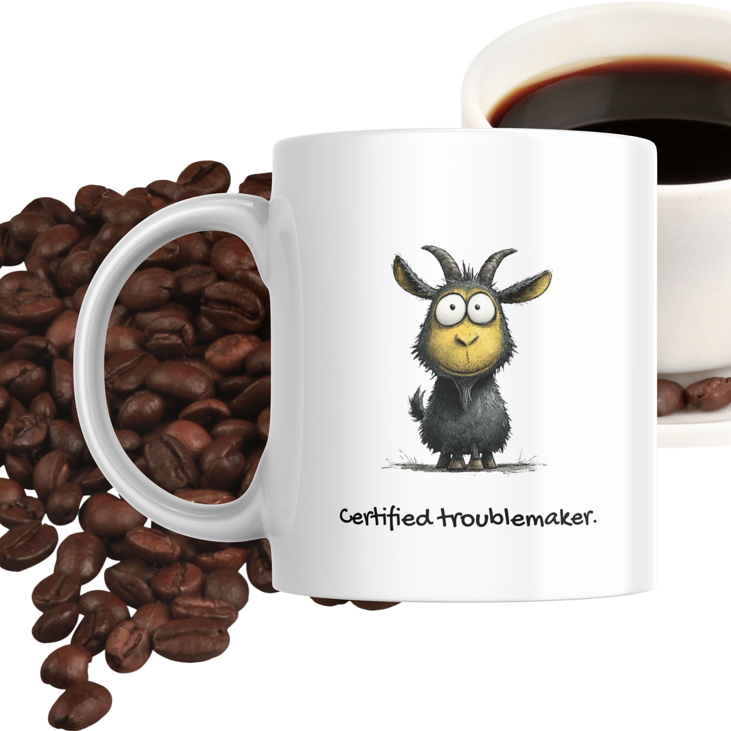 Mug with cartoon goat design and coffee beans on a white background