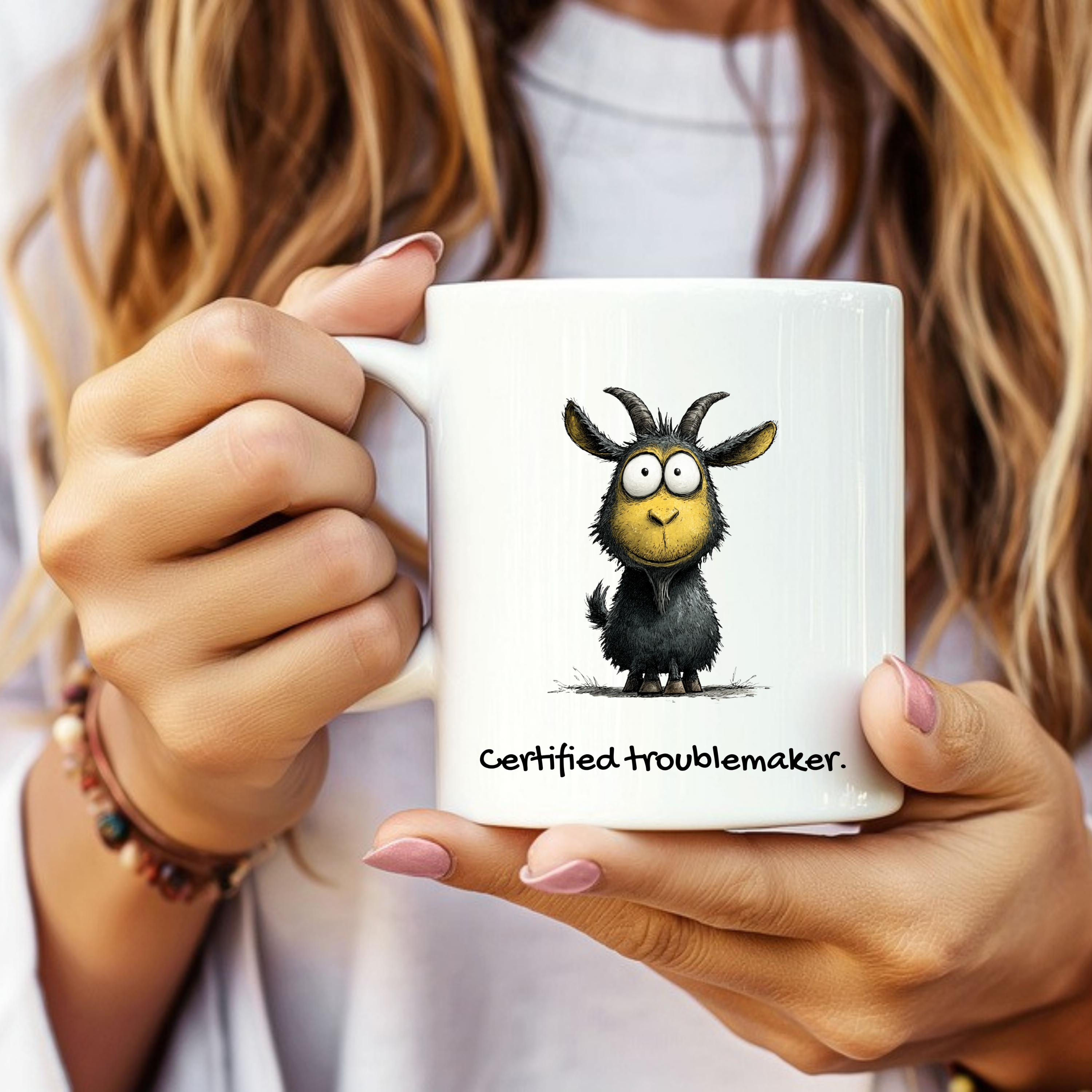 “Funny goat mug reading ‘Certified Troublemaker’ from The Mama Assembly Quirky Animal Mugs collection.”
