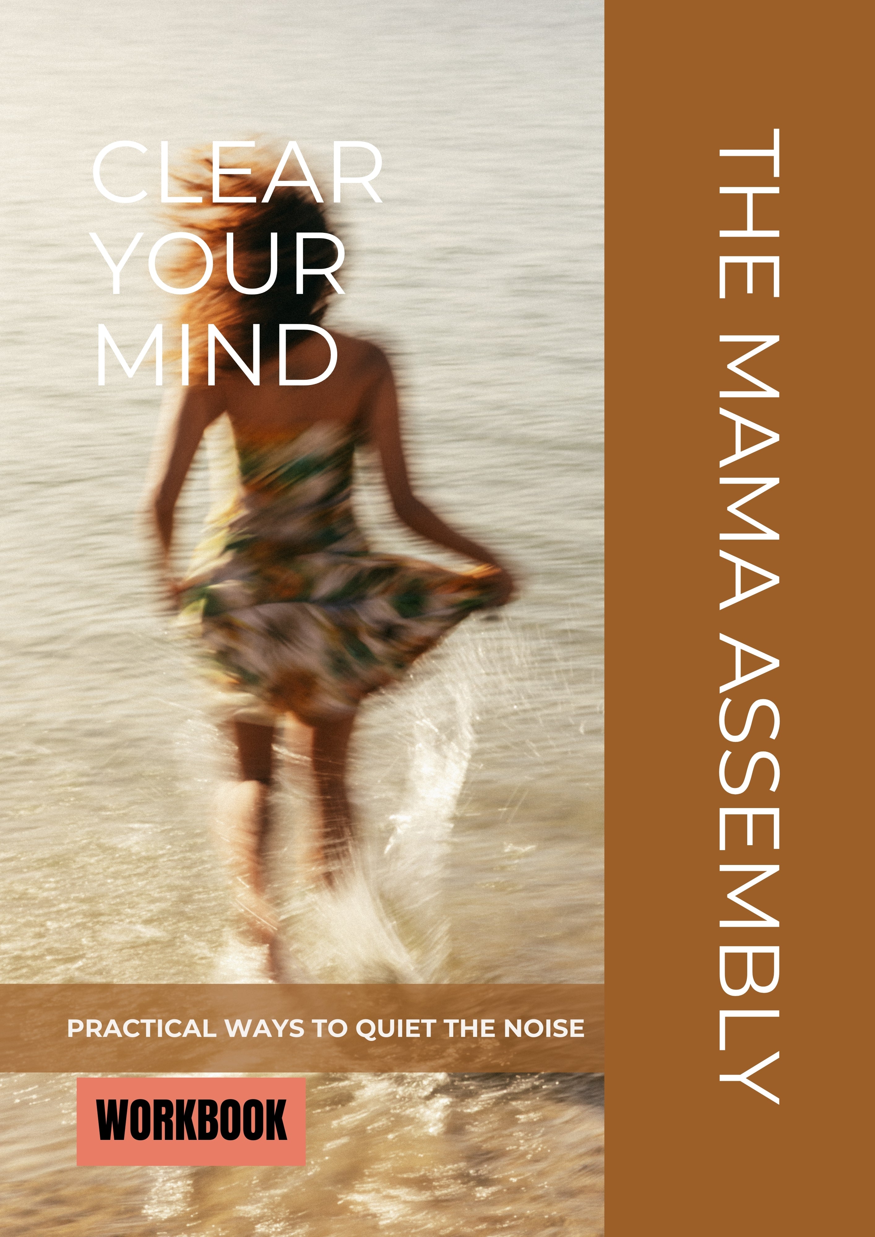 Workbook cover titled 'Clear Your Mind' by The Mama Assembly with a blurred image of a person on a beach.