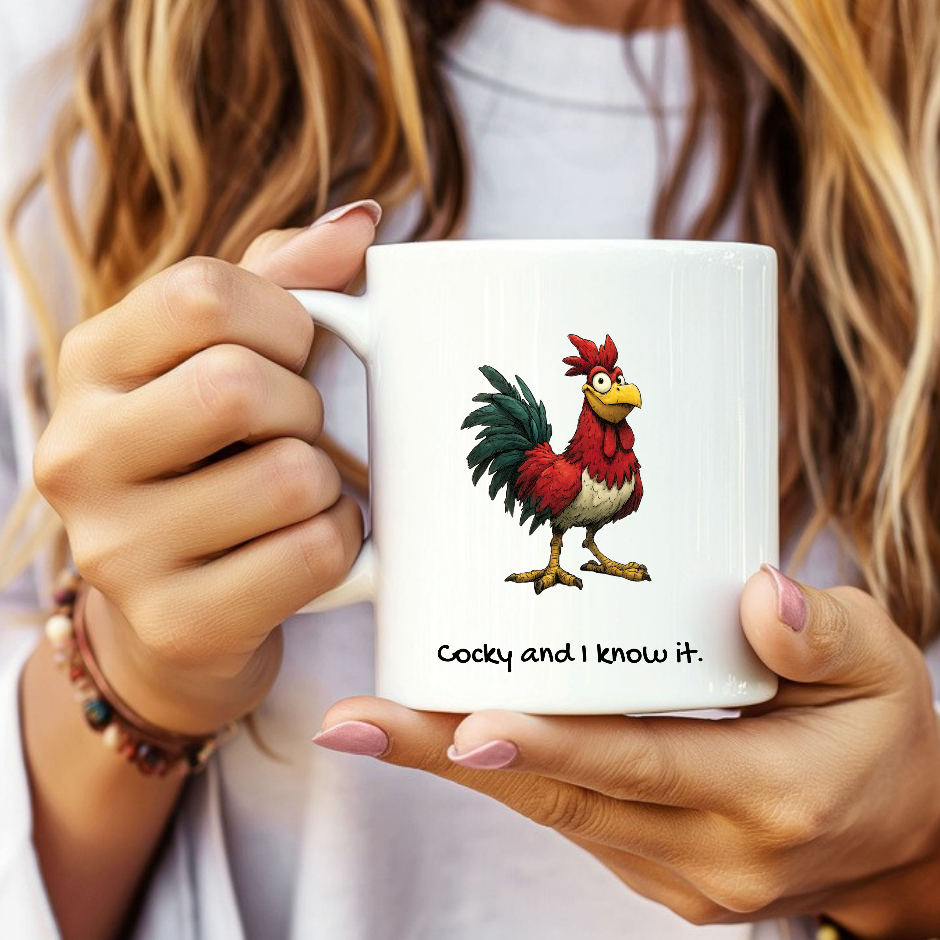 Funny rooster mug reading ‘Cocky and I Know It’ from The Mama Assembly Quirky Animal Mugs collection.