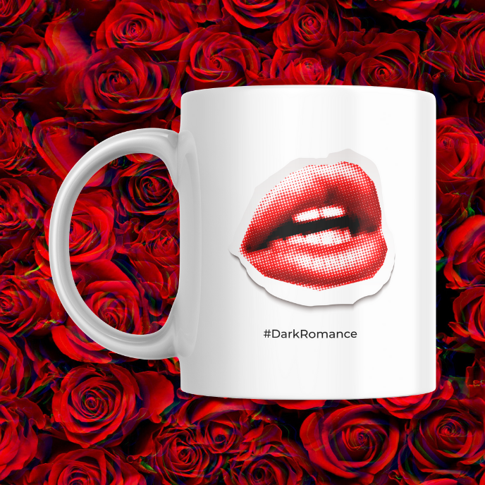 White mug with a graphic of lips and '#DarkRomance' text on a background of red roses.