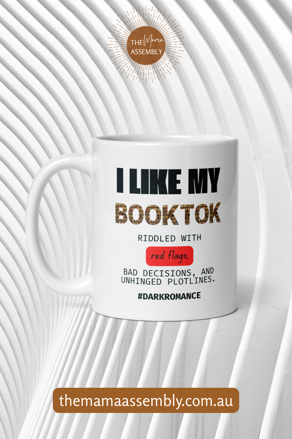 White mug with text on a white background