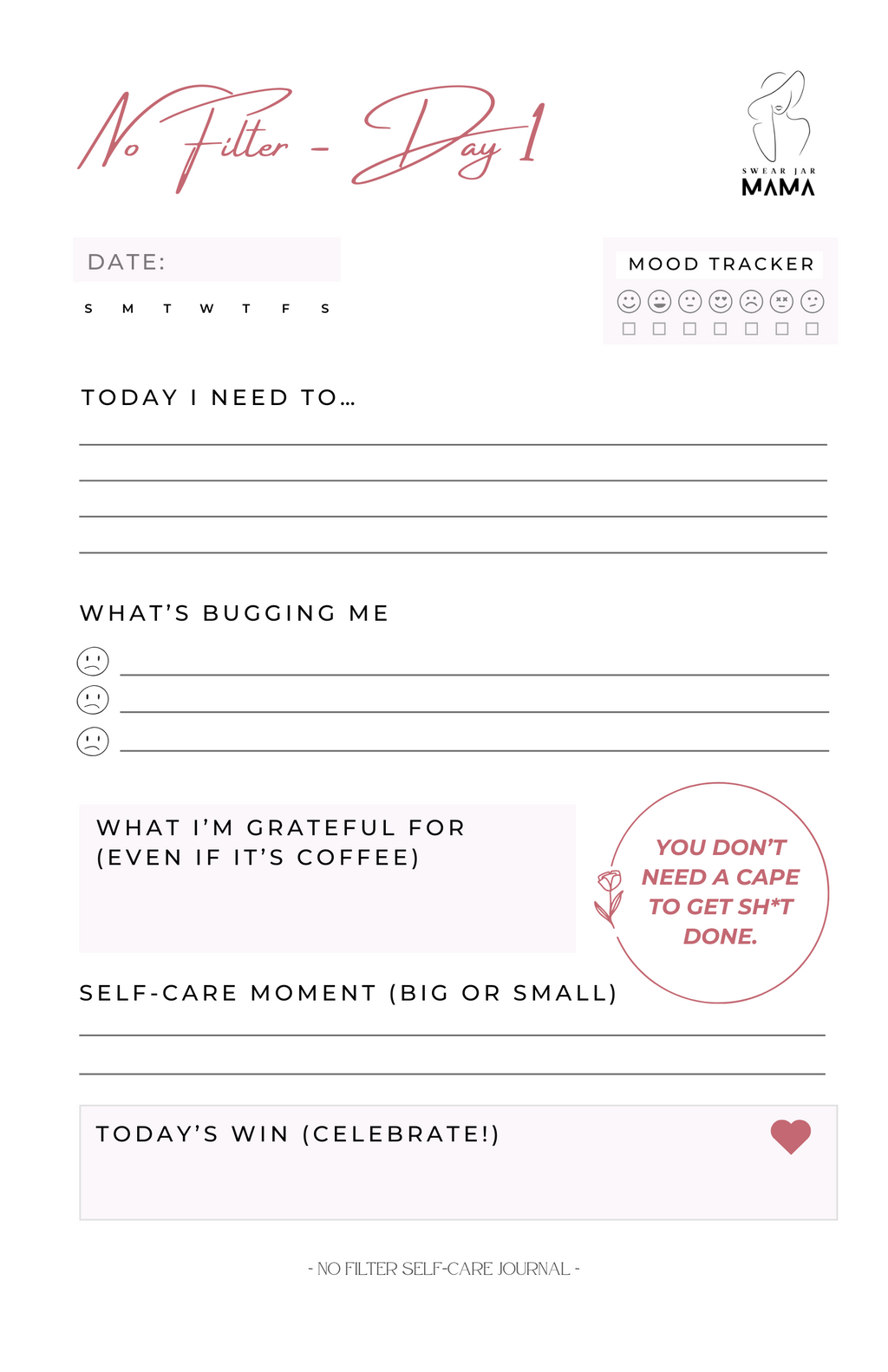 90-Day Cheeky Self-Care Journal PDF – No Filter Series by Swear Jar Mama™️ | Motivational Printable Journal