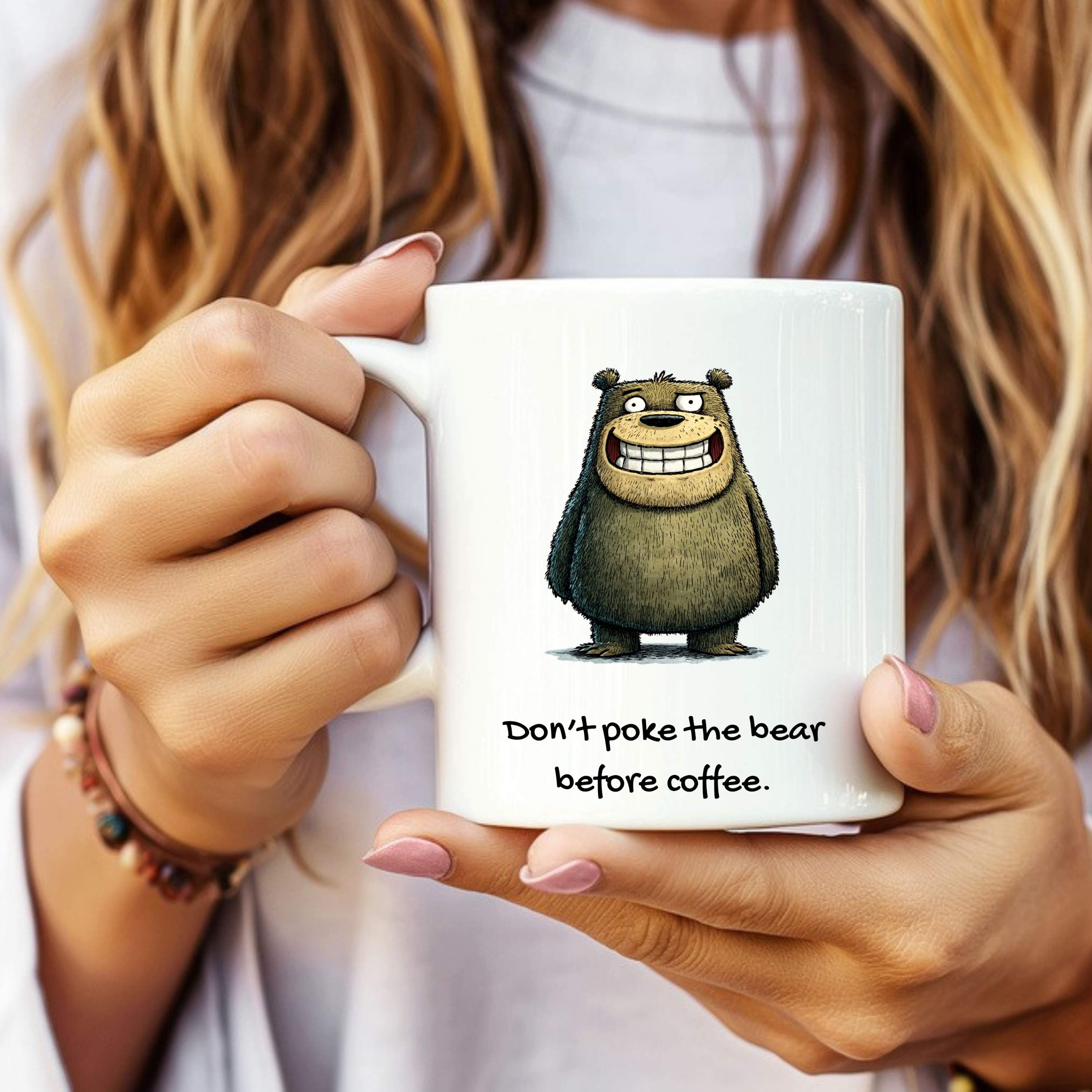 Funny bear mug reading ‘Don’t Poke the Bear Before Coffee’ from The Mama Assembly Quirky Animal Mugs collection.