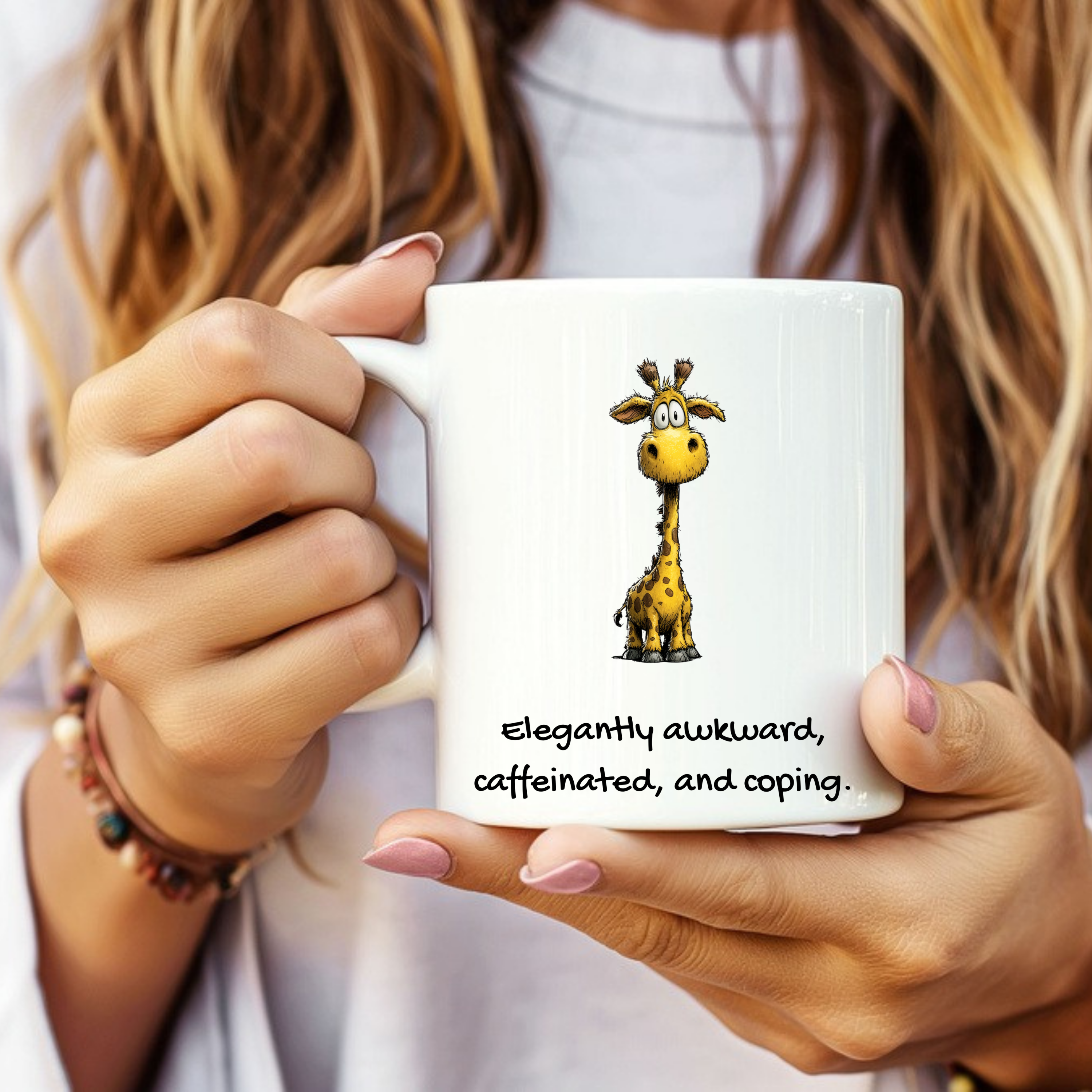 Funny giraffe mug reading ‘Elegantly Awkward, Caffeinated, and Coping’ from The Mama Assembly Quirky Animal Mugs collection.