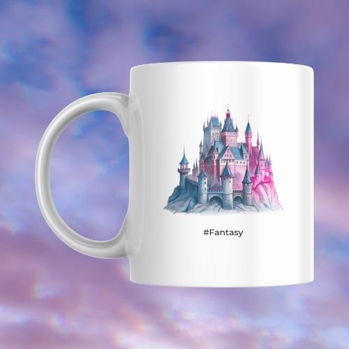 White mug with a castle design and '#Fantasy' text on a colorful background