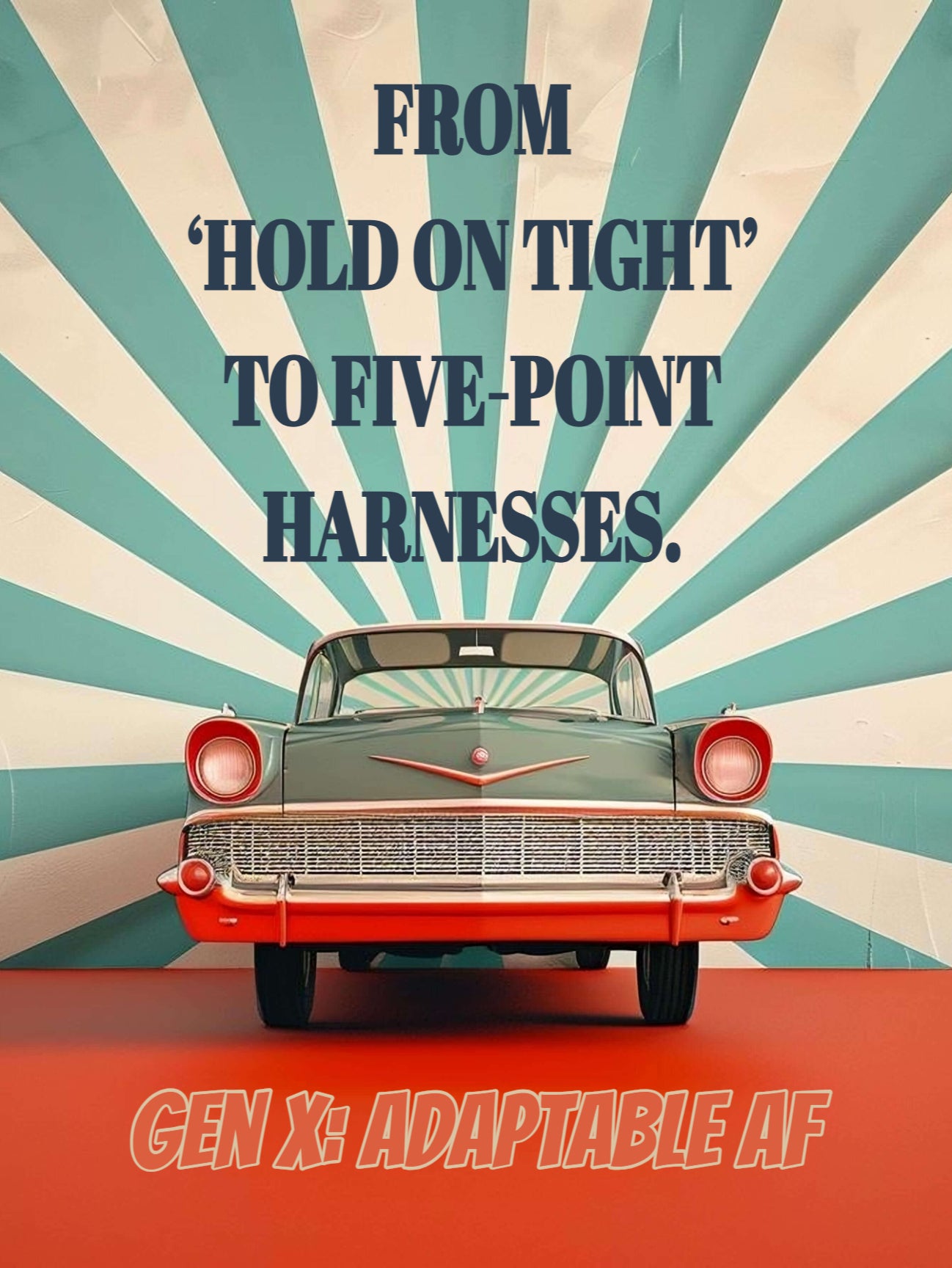 Vintage car with a retro background and text about adaptability.
