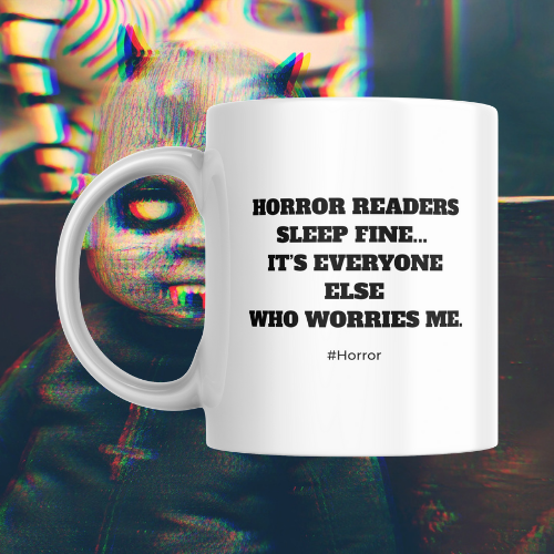 White mug with black text on a colorful, abstract background