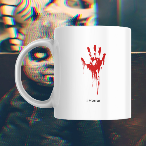 White mug with red handprint design and '#Horror' text on a colorful, abstract background