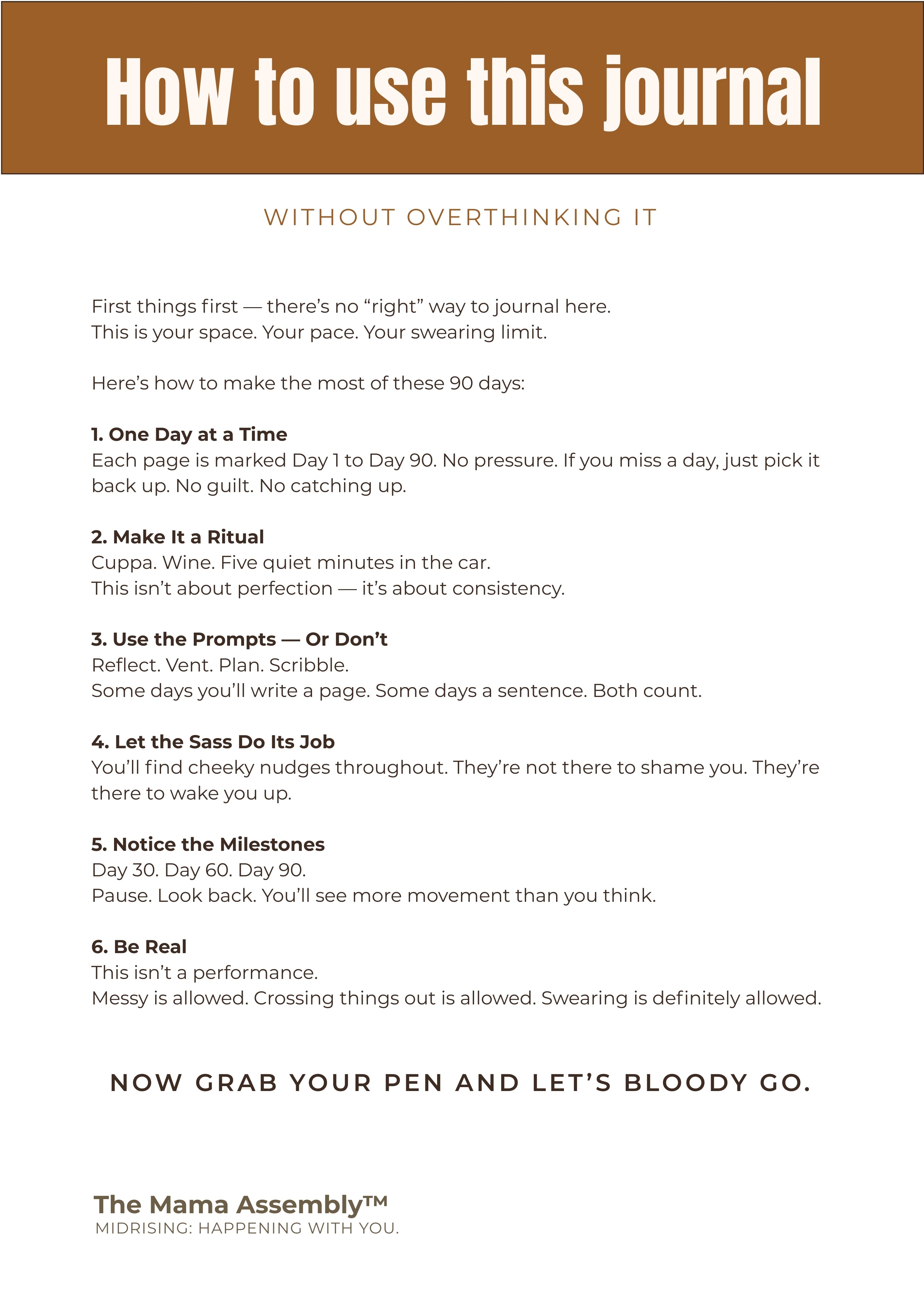 Instructions for using a journal on a white background with a brown header.