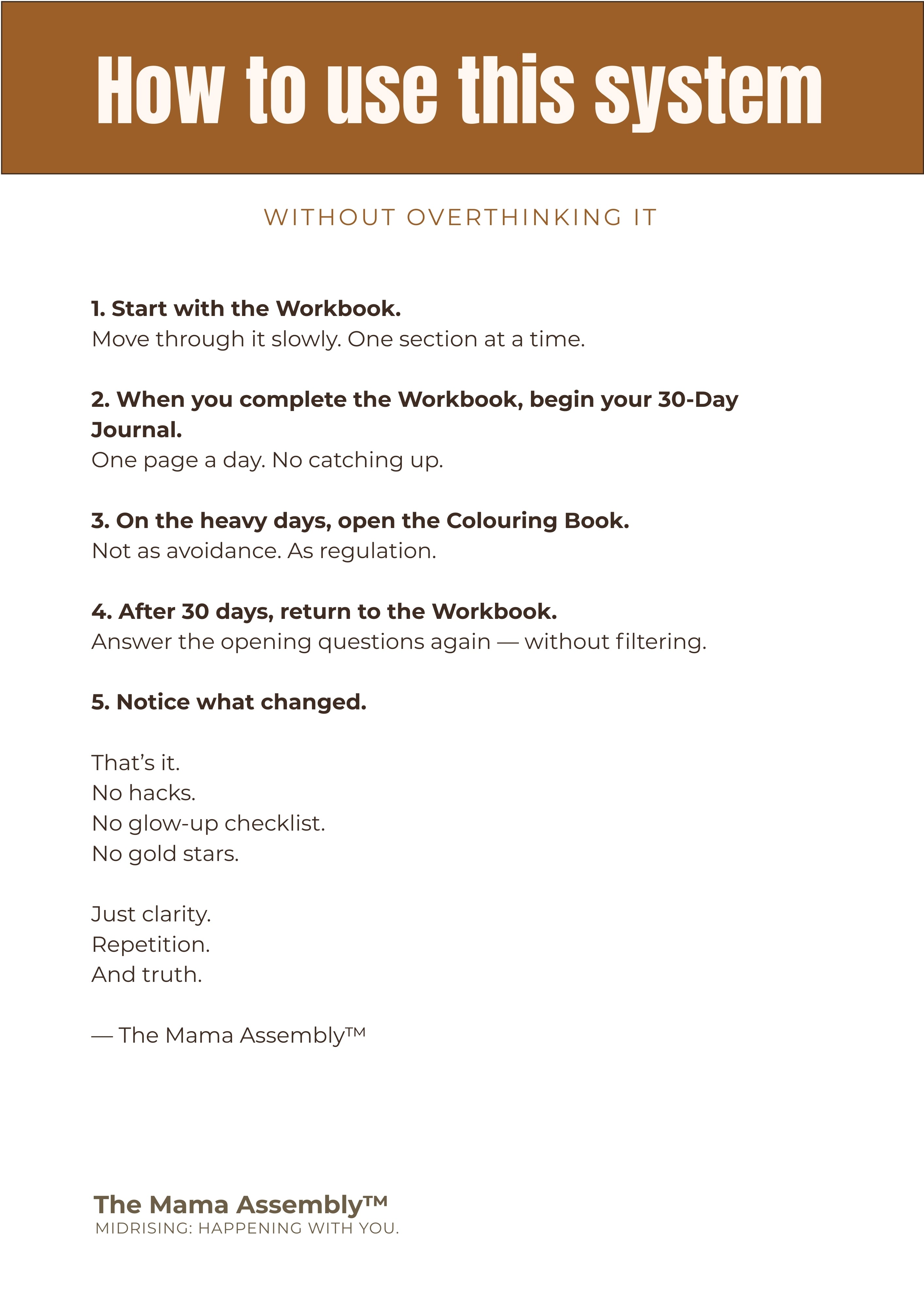 Instructions on how to use a system with text and branding at the bottom.