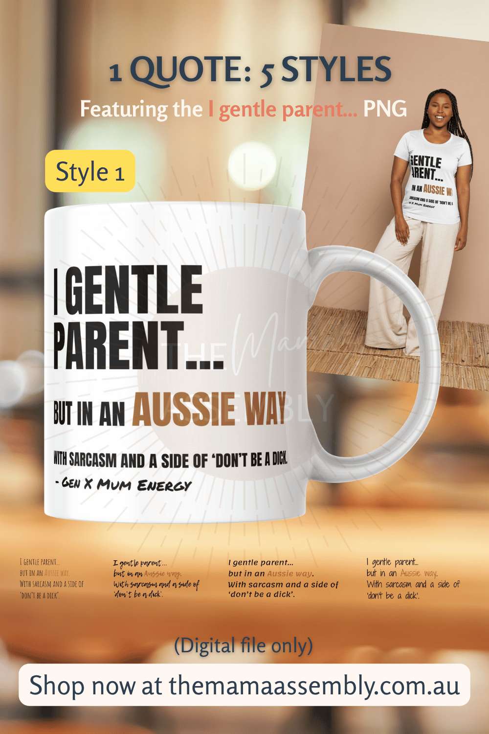 White mug with text design on a wooden surface, featuring a woman in the background.
