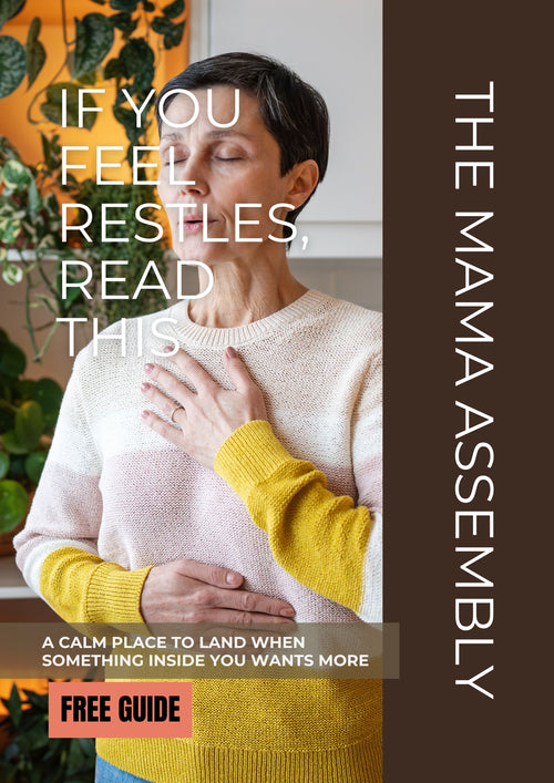 Woman holding her chest with text overlay about restlessness and a free guide offer.