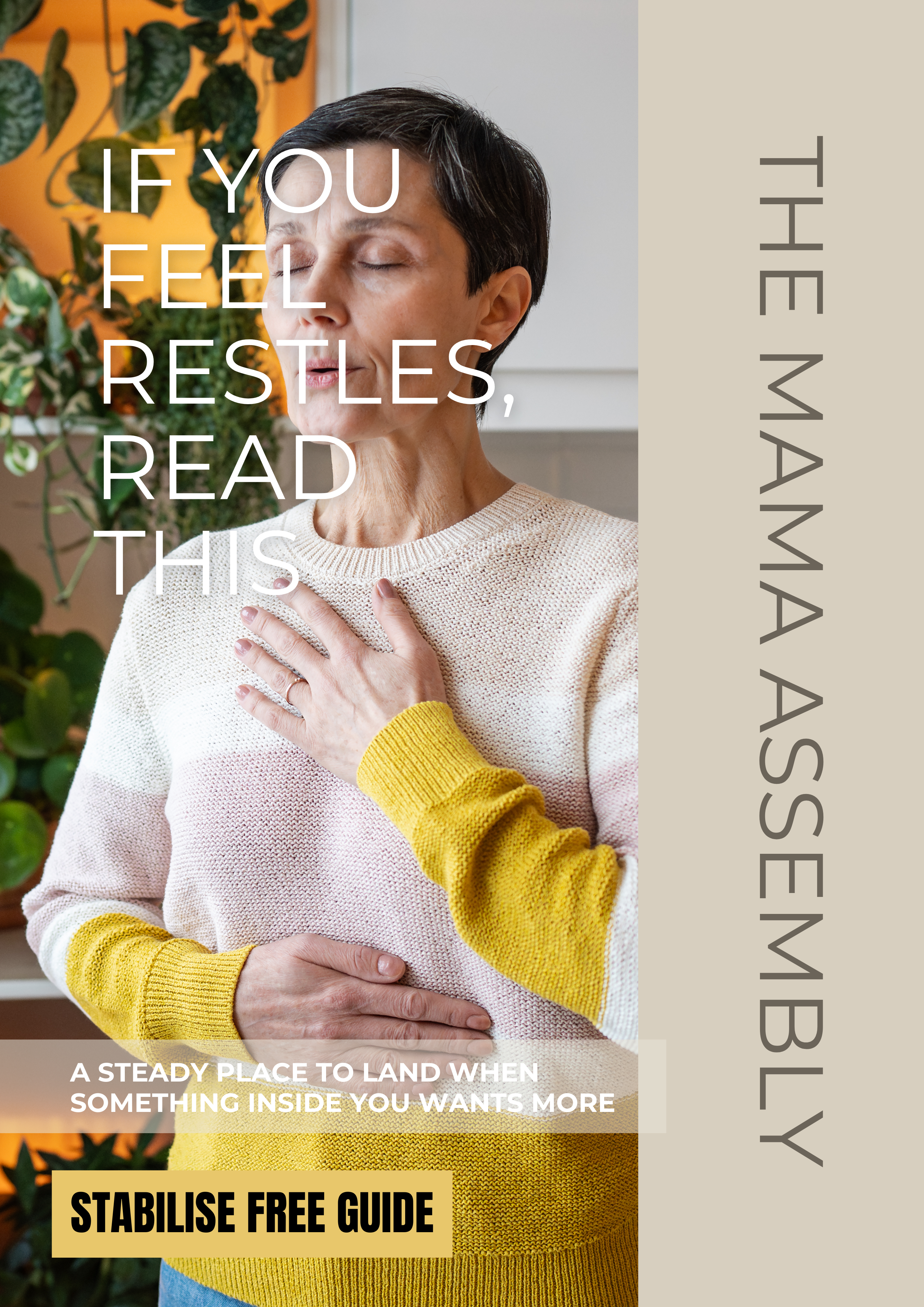Woman holding her chest with text overlay about The Mama Assembly and a free guide offer.