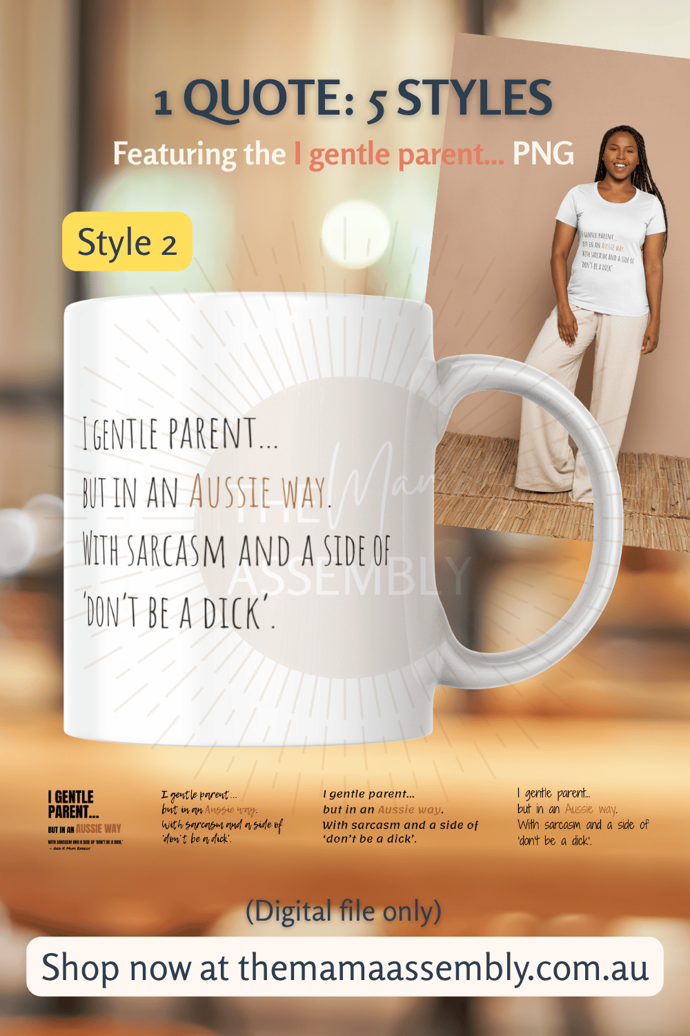 White mug with text design on a wooden surface, featuring a woman in the background.