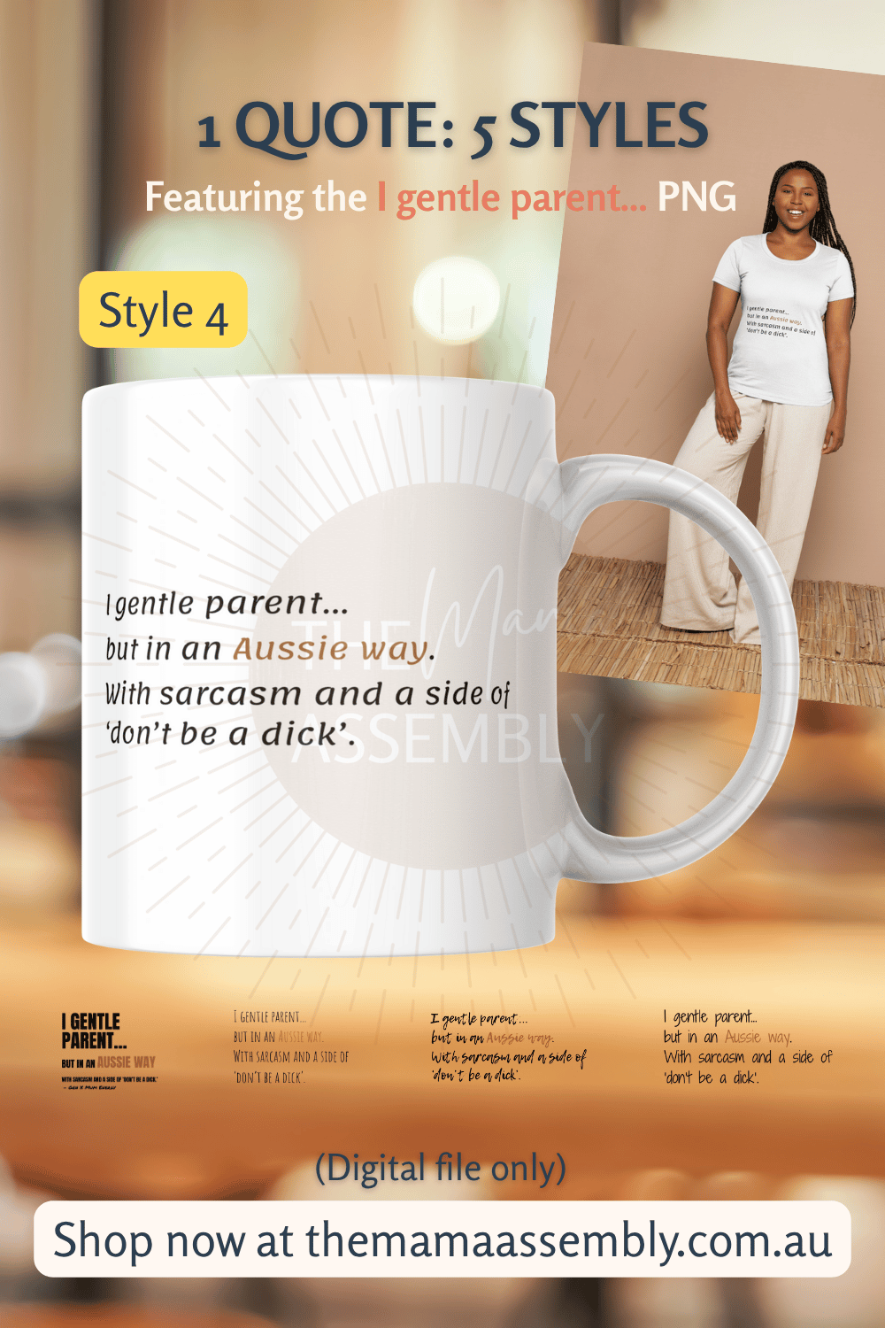 White mug with text and a woman standing in the background