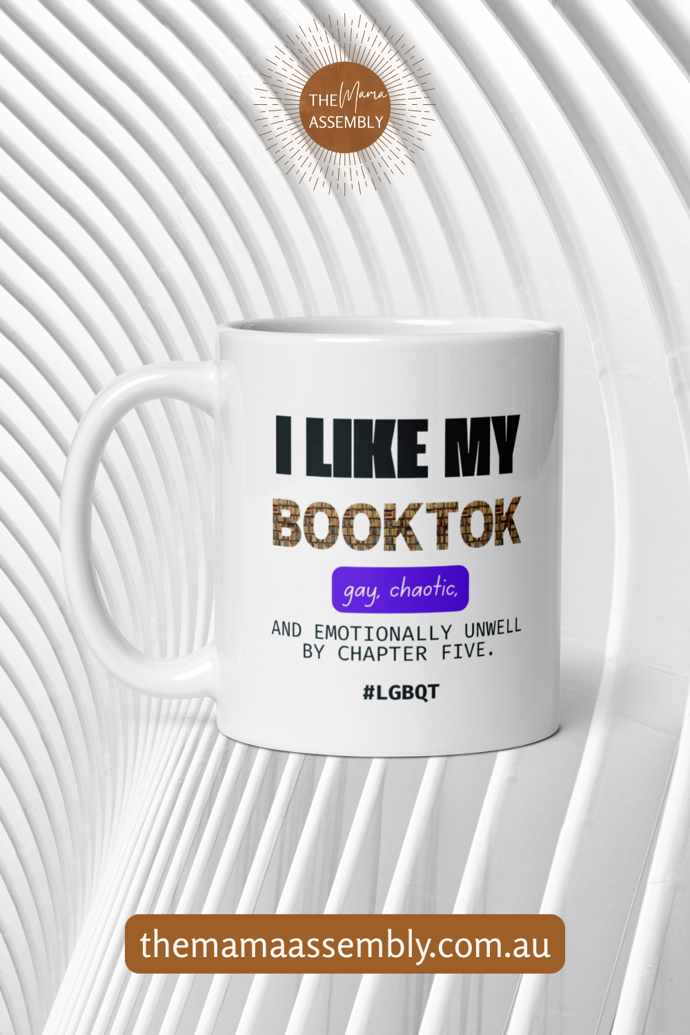 White mug with text on a white background