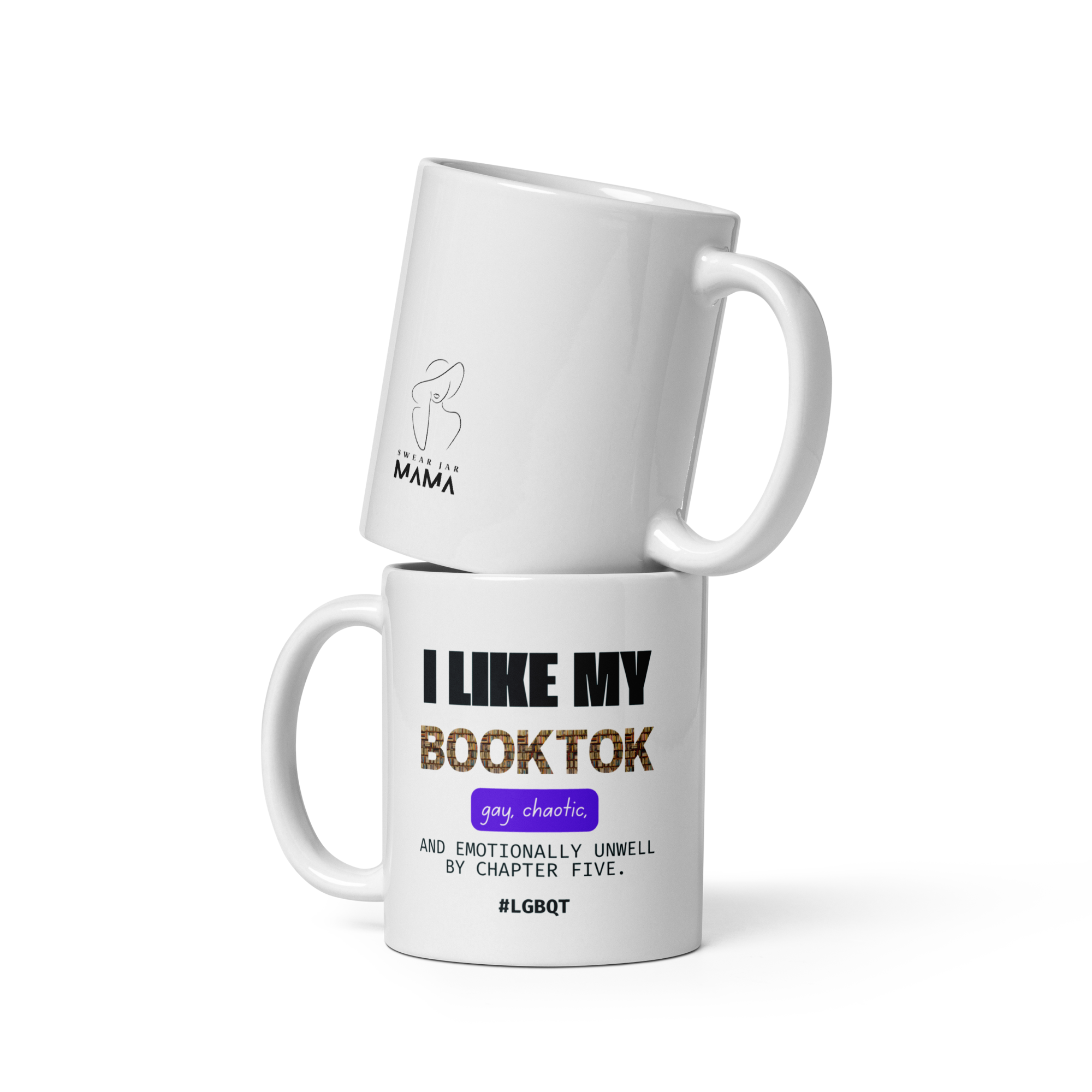 Two white mugs with text and graphics on a white background