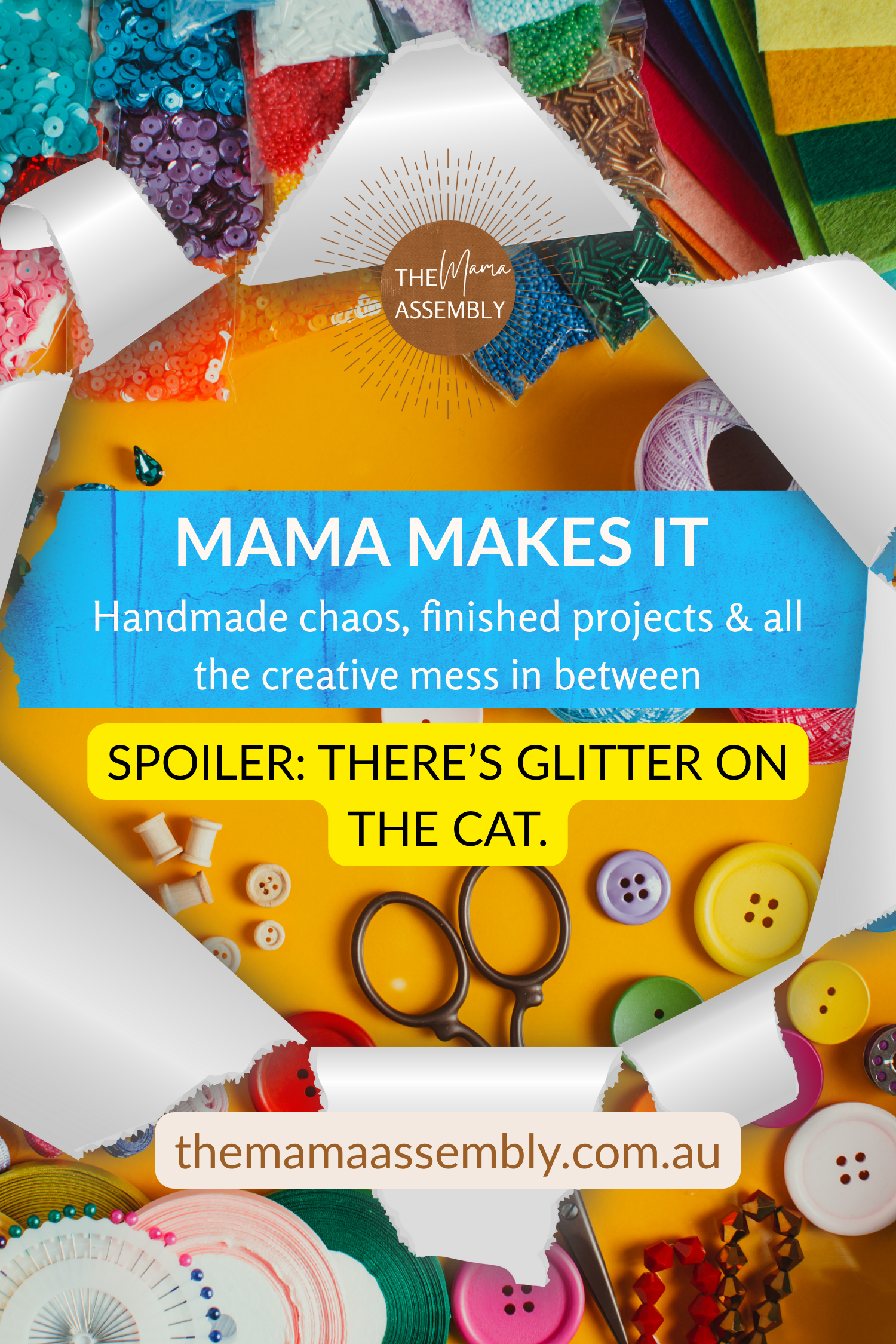 Promotional graphic for 'The Mama Assembly' with text and craft supplies.