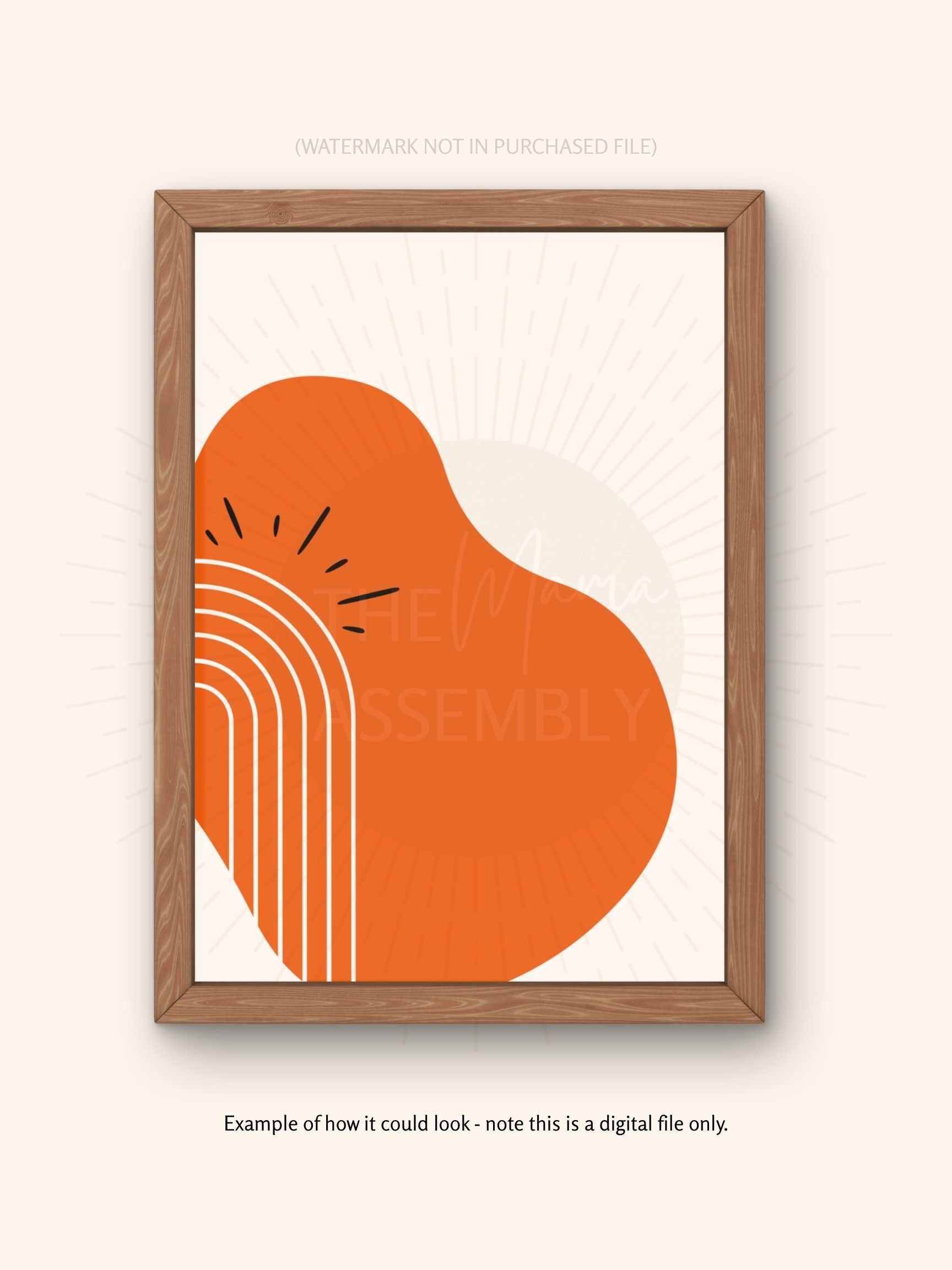 Framed abstract art print with orange shape and white background