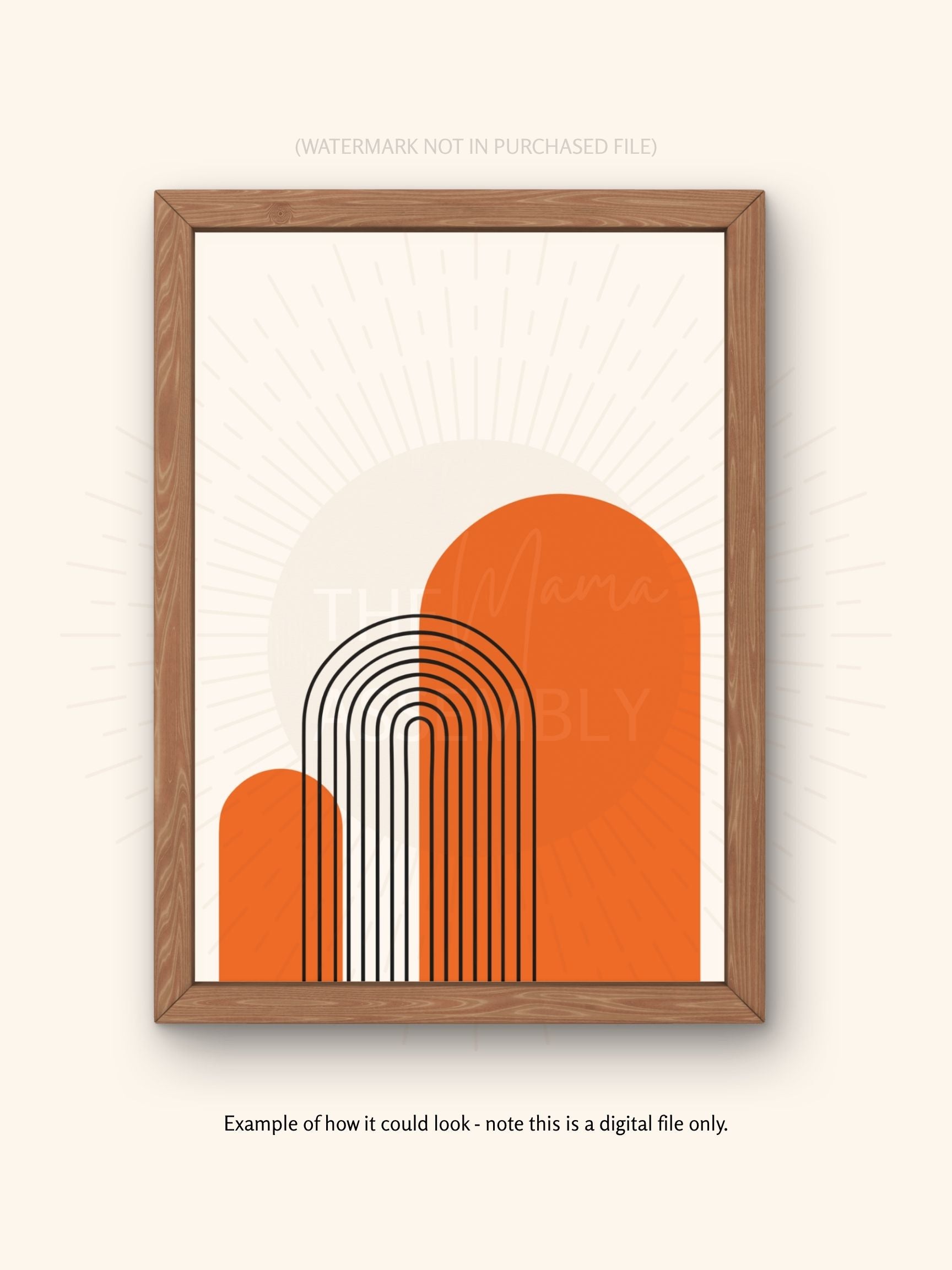 Framed abstract art print with orange and white design on a beige background