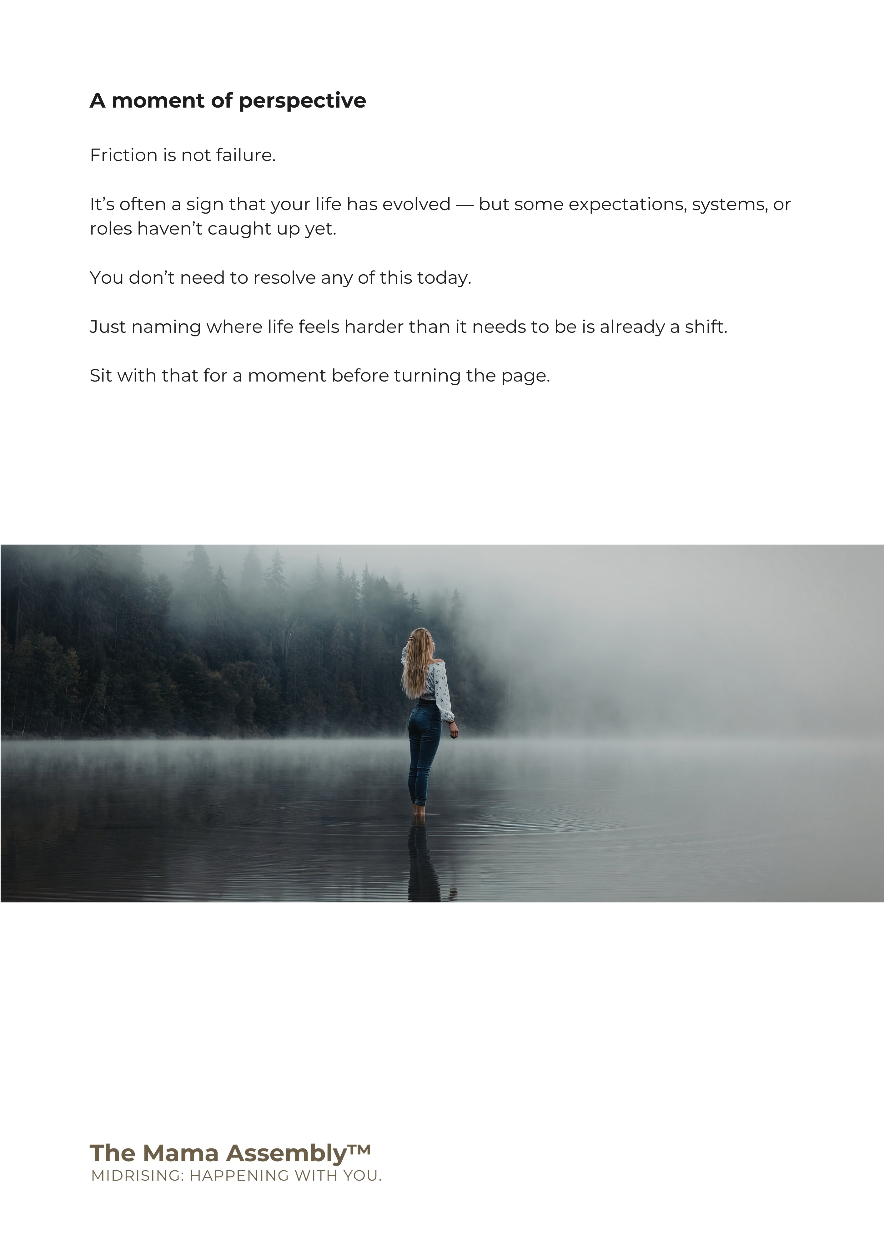 Woman standing on a foggy lake with reflective text overlay