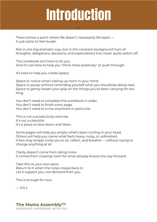 Introduction page from a workbook with text and The Mama Assembly logo.