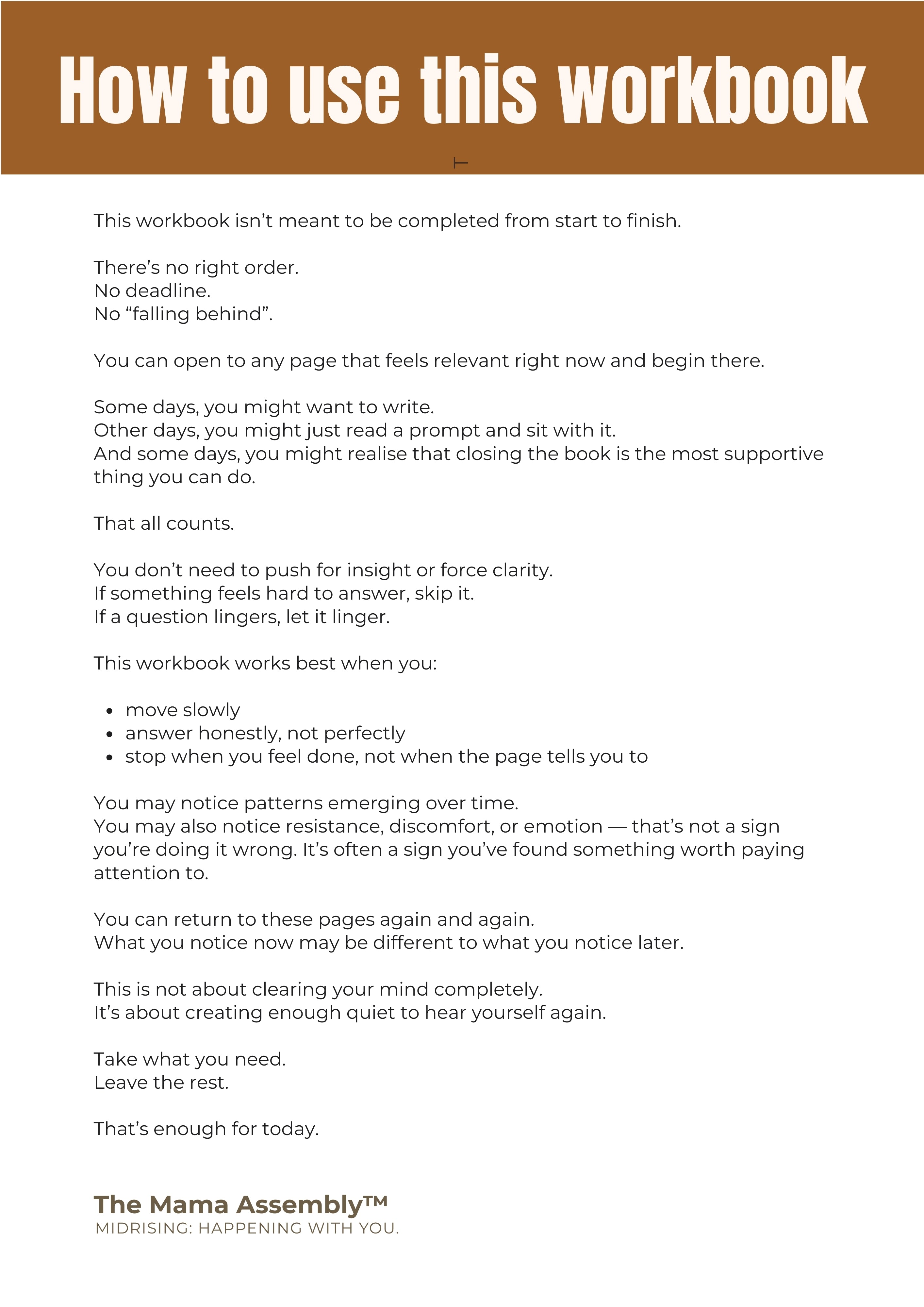 Instructions for using a workbook with a brown header and white background