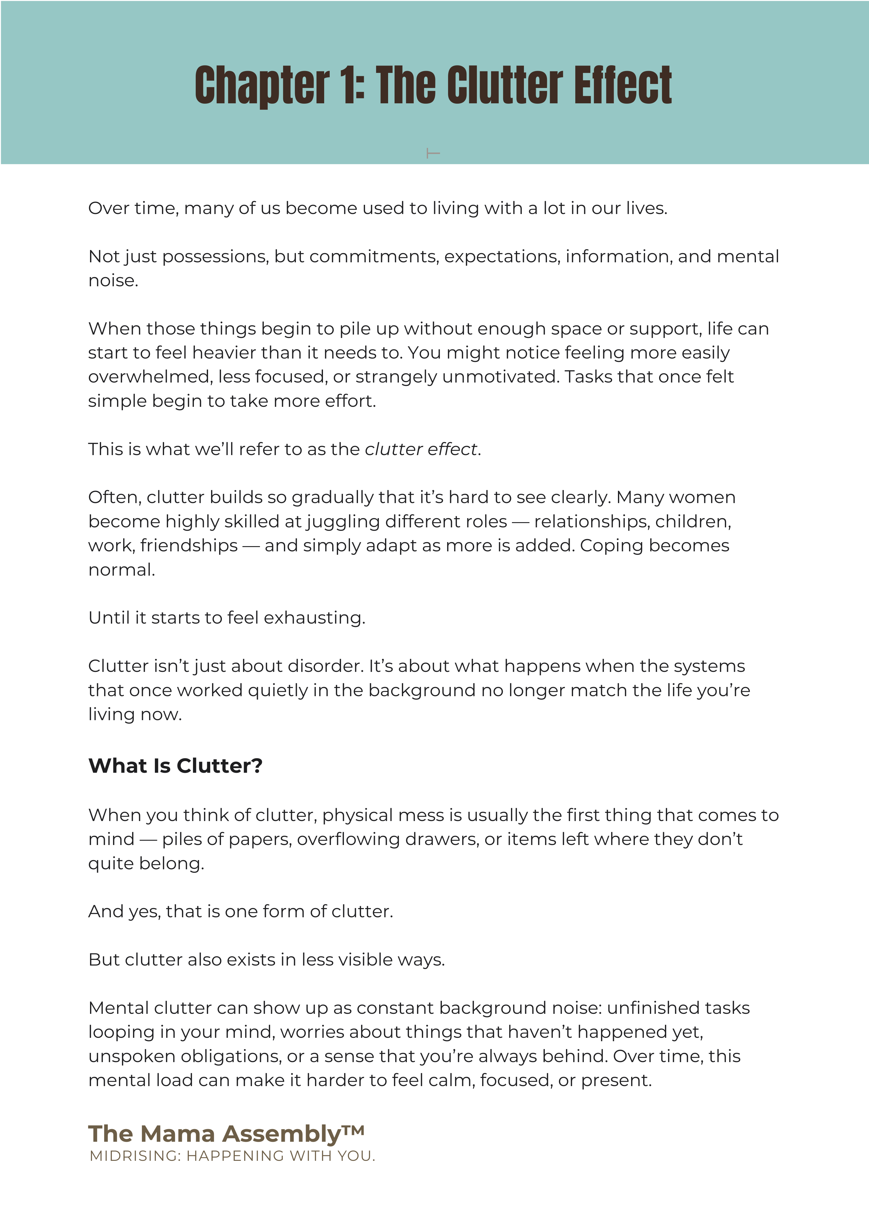 Text document on a light blue background with 'The Mama Assembly' logo at the bottom.