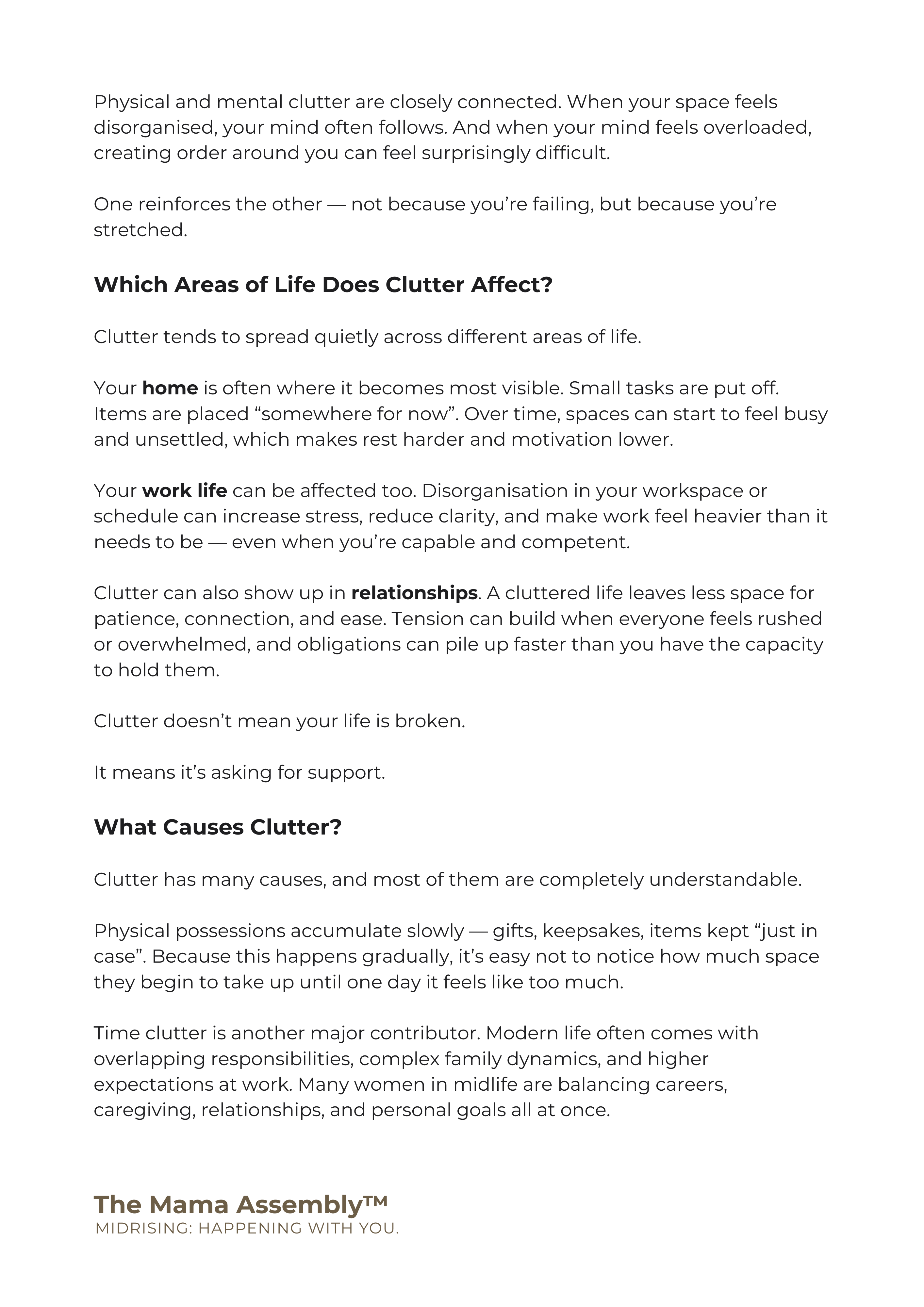 Text on a white background discussing the effects of clutter on different areas of life and what causes it.