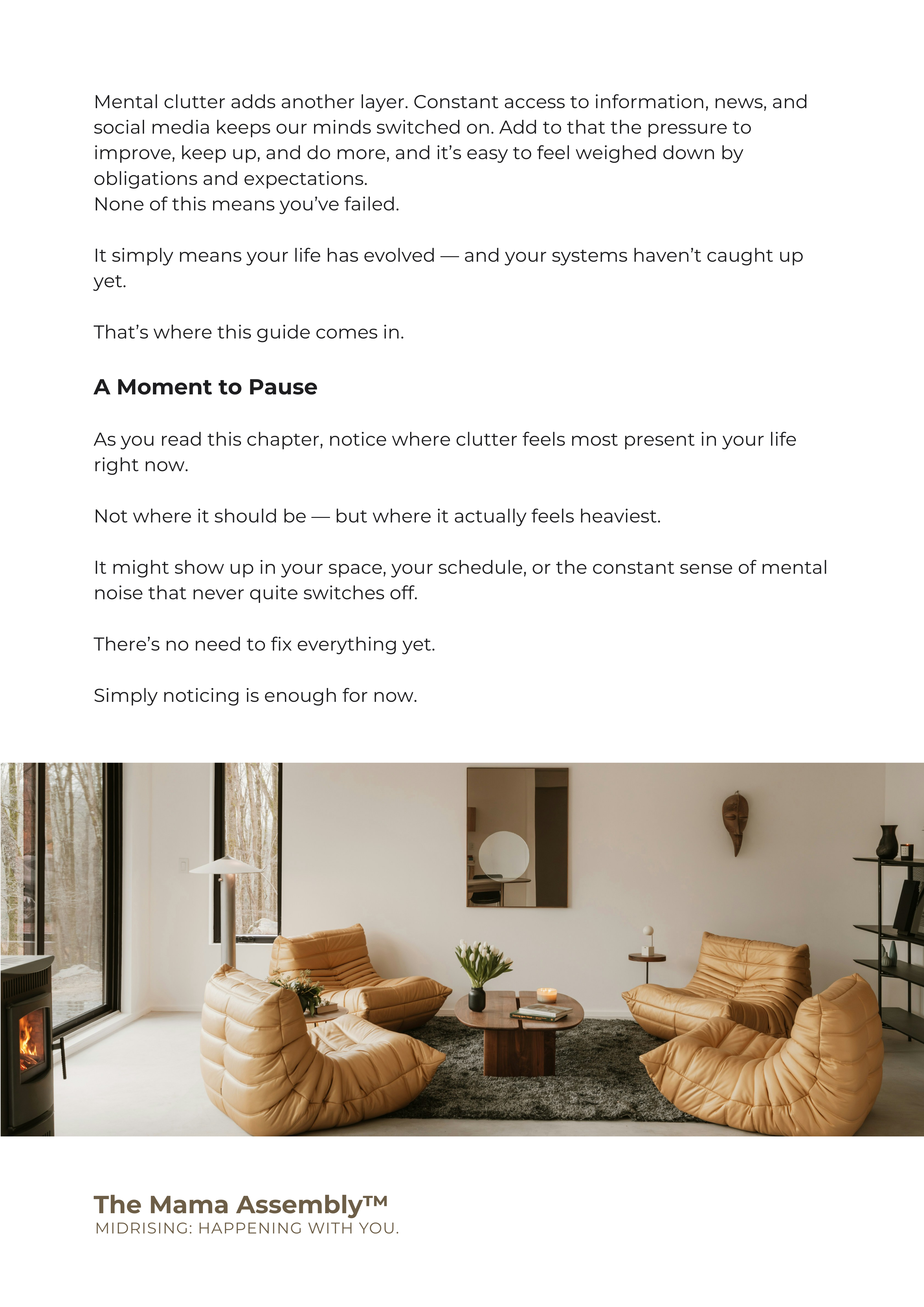 Living room with modern decor and text overlay about mental clutter and a pause moment.